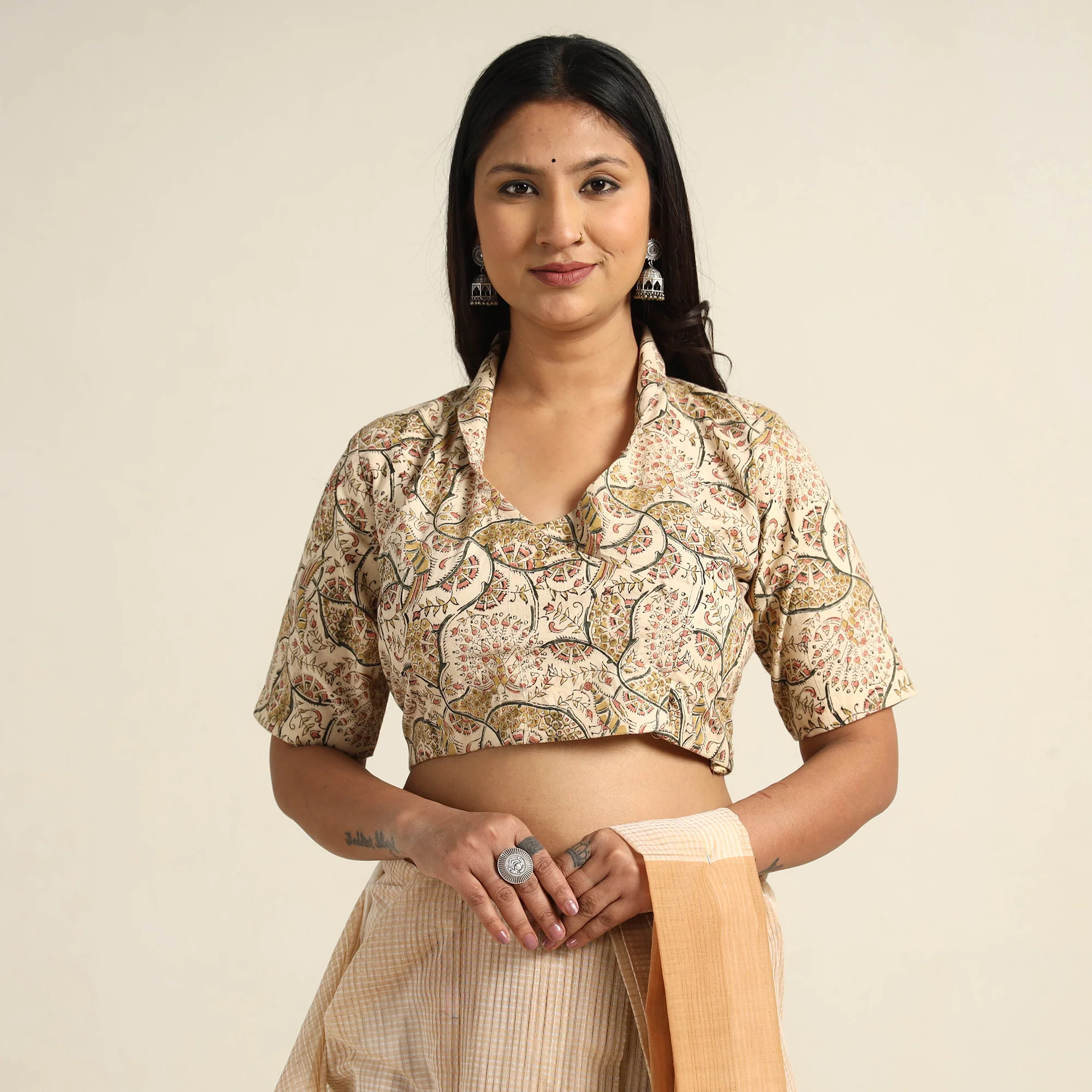 Beige - Pedana Kalamkari Block Printed Cotton Stitched Blouse 15 - Image 2