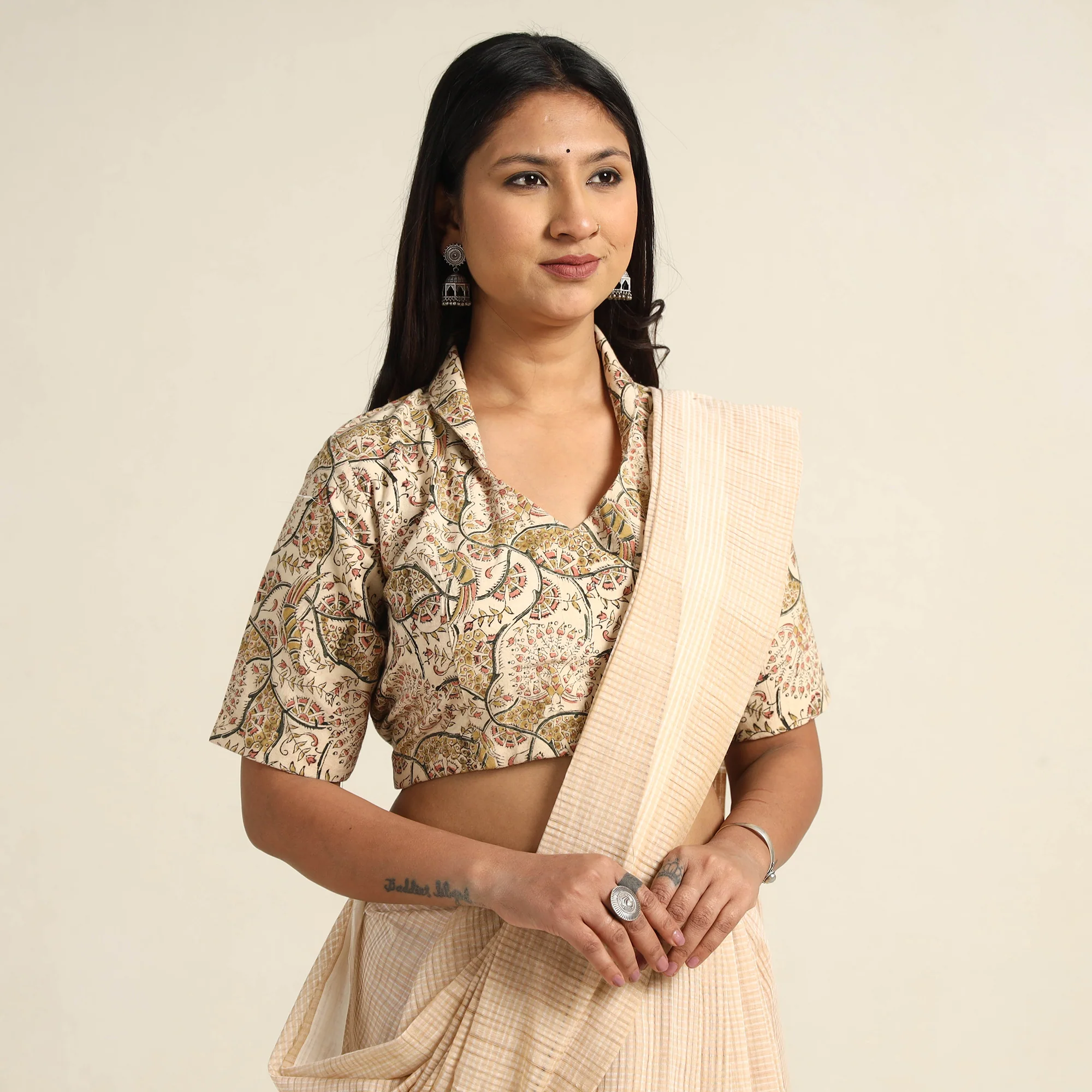 Beige - Pedana Kalamkari Block Printed Cotton Stitched Blouse 15 - Image 3
