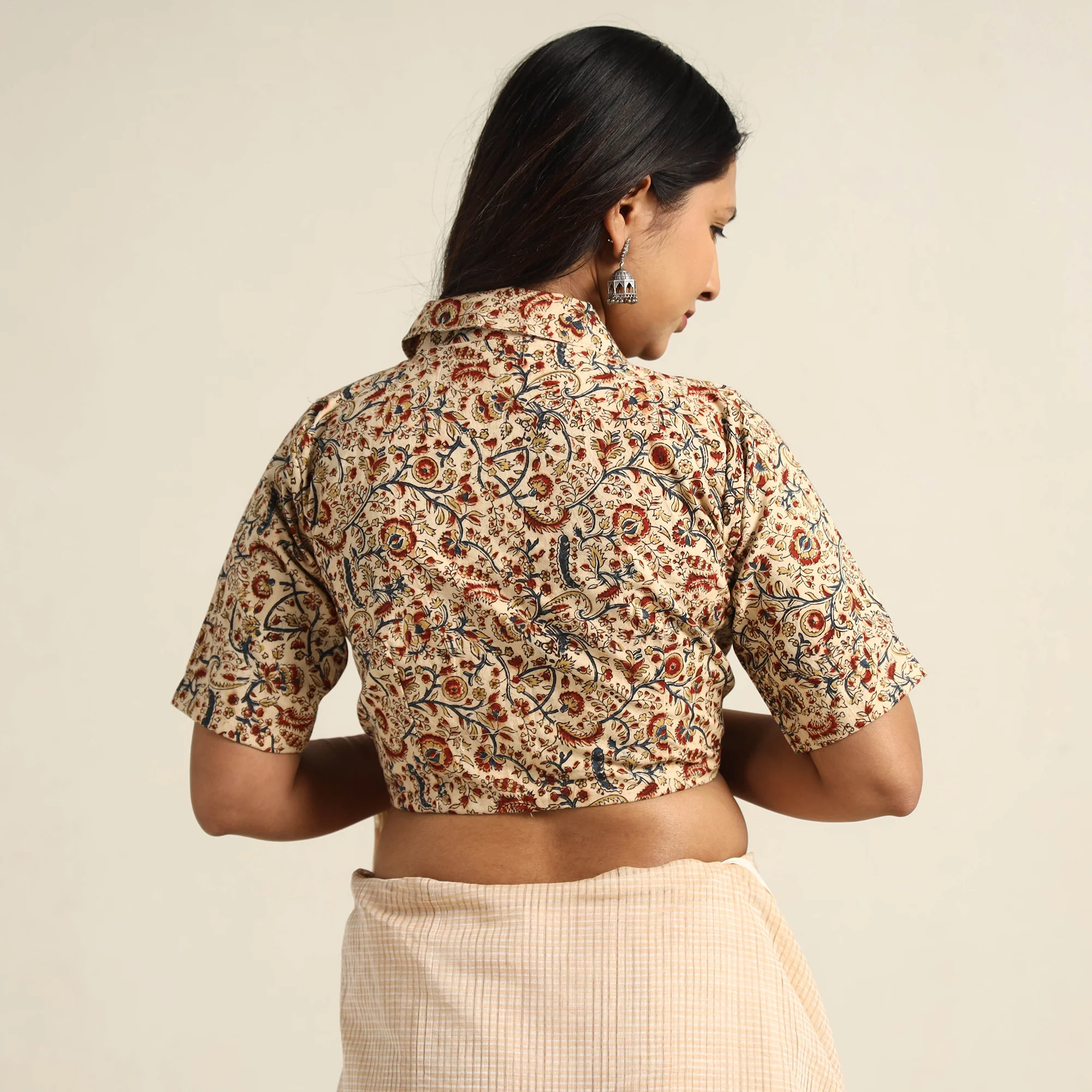 Beige - Pedana Kalamkari Block Printed Cotton Stitched Blouse 17 - Image 5