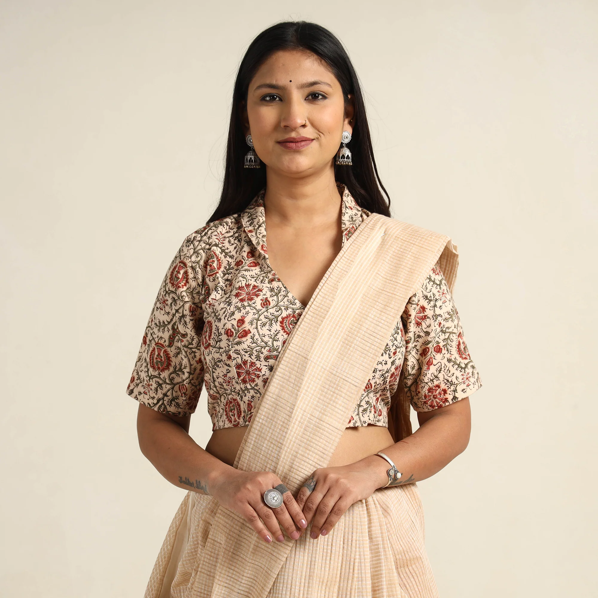 Beige - Pedana Kalamkari Block Printed Cotton Stitched Blouse 18