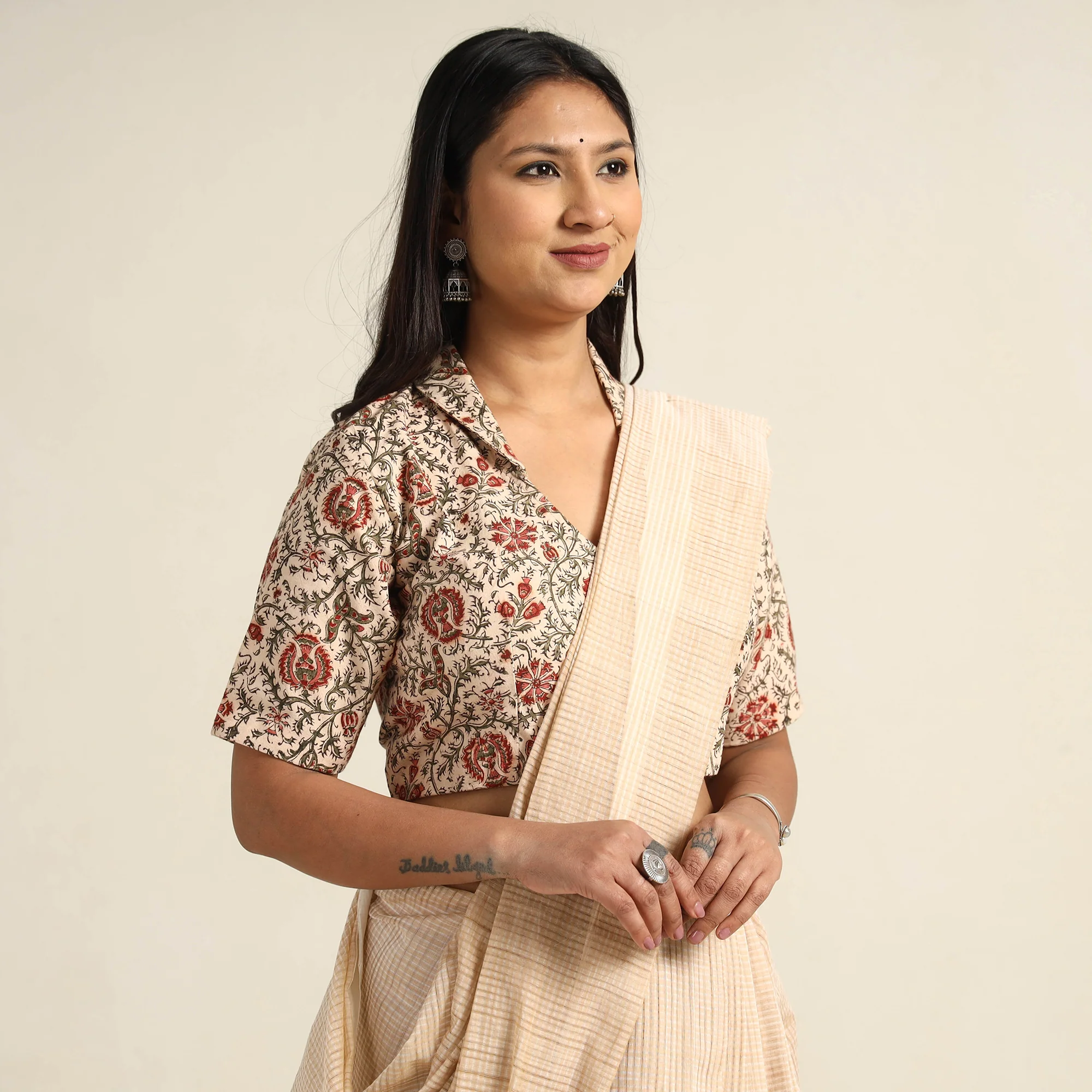 Beige - Pedana Kalamkari Block Printed Cotton Stitched Blouse 18 - Image 3