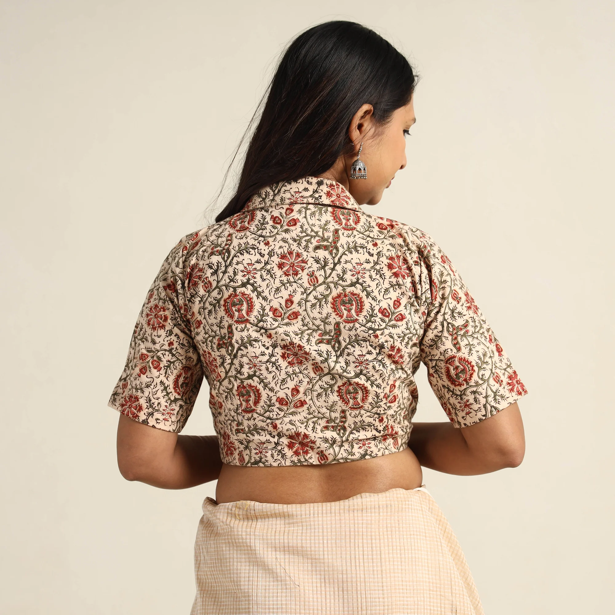 Beige - Pedana Kalamkari Block Printed Cotton Stitched Blouse 18 - Image 5