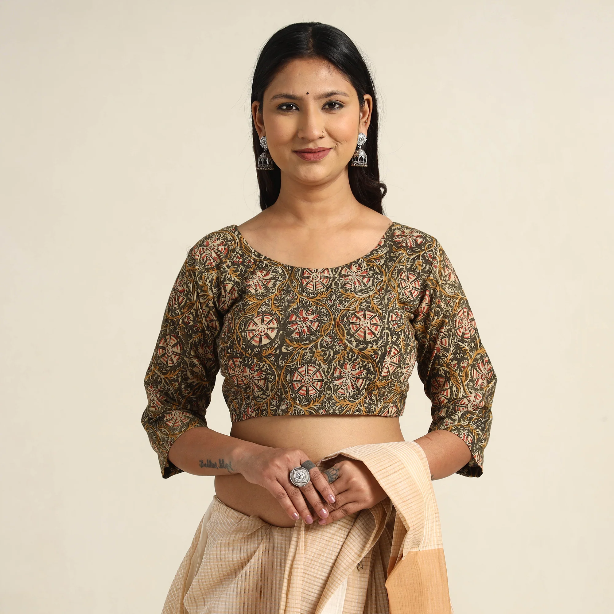 Green - Pedana Kalamkari Block Printed Cotton Stitched Blouse 19 - Image 2