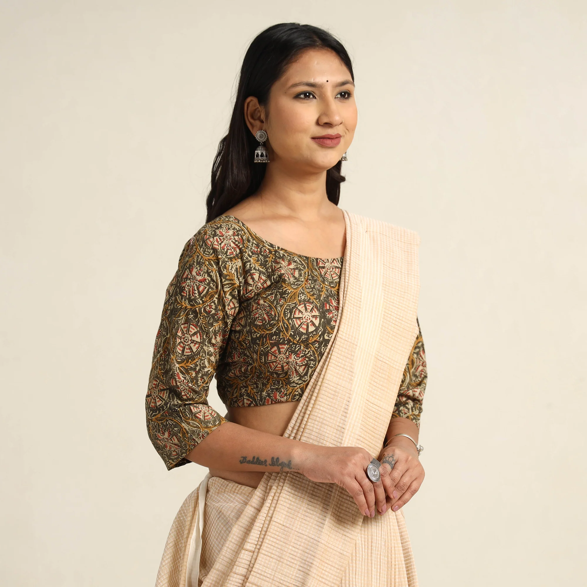 Green - Pedana Kalamkari Block Printed Cotton Stitched Blouse 19 - Image 3