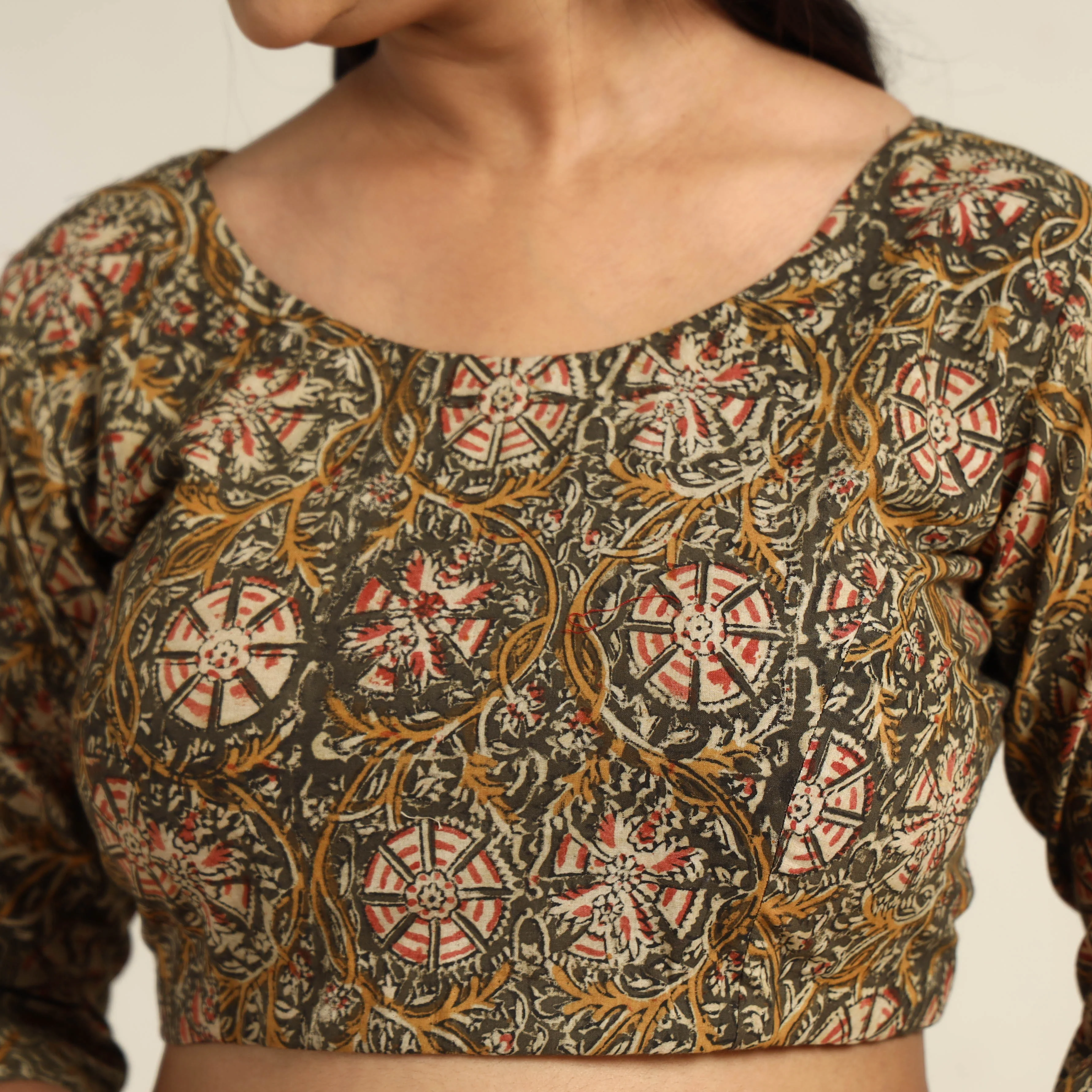 Green - Pedana Kalamkari Block Printed Cotton Stitched Blouse 19 - Image 4