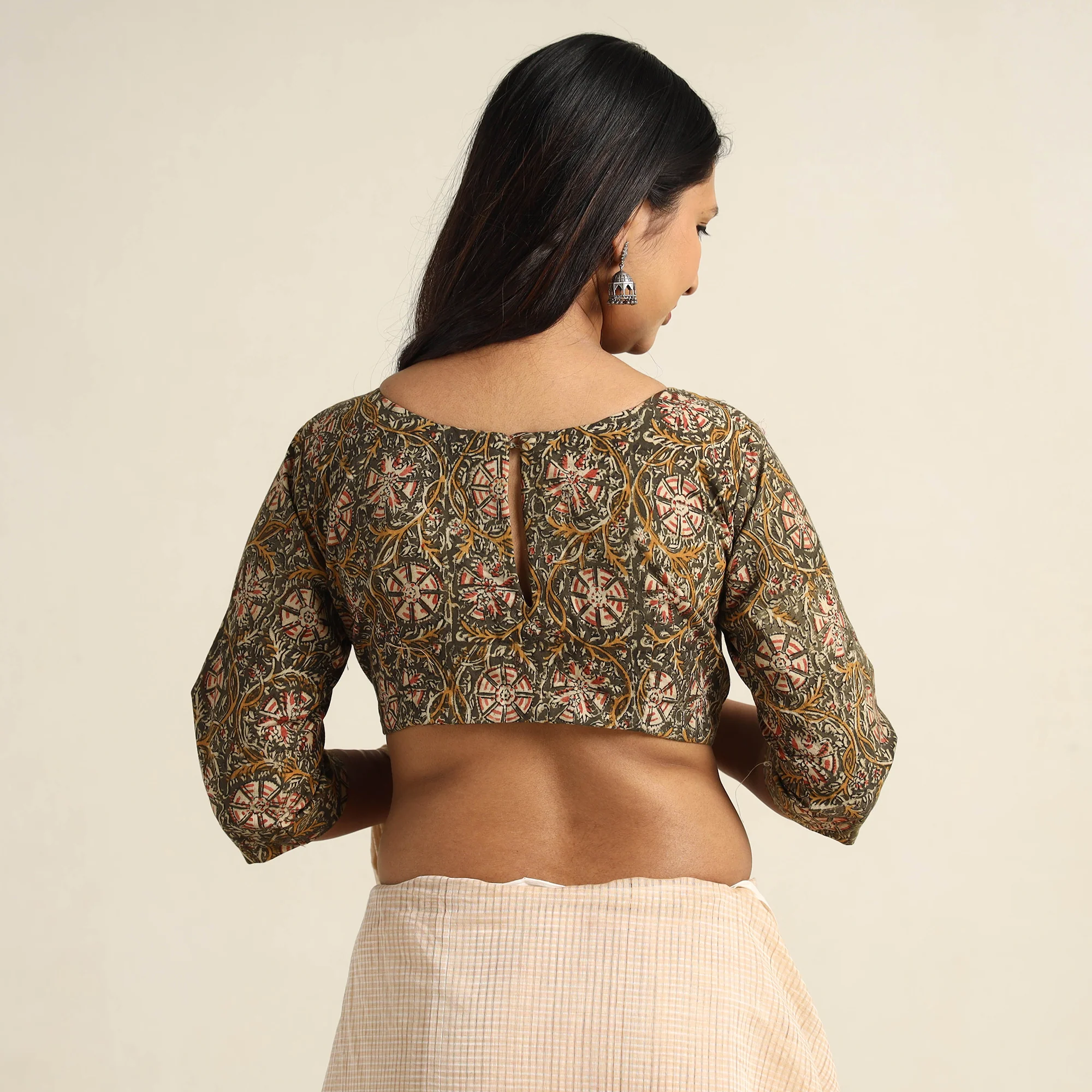 Green - Pedana Kalamkari Block Printed Cotton Stitched Blouse 19 - Image 5