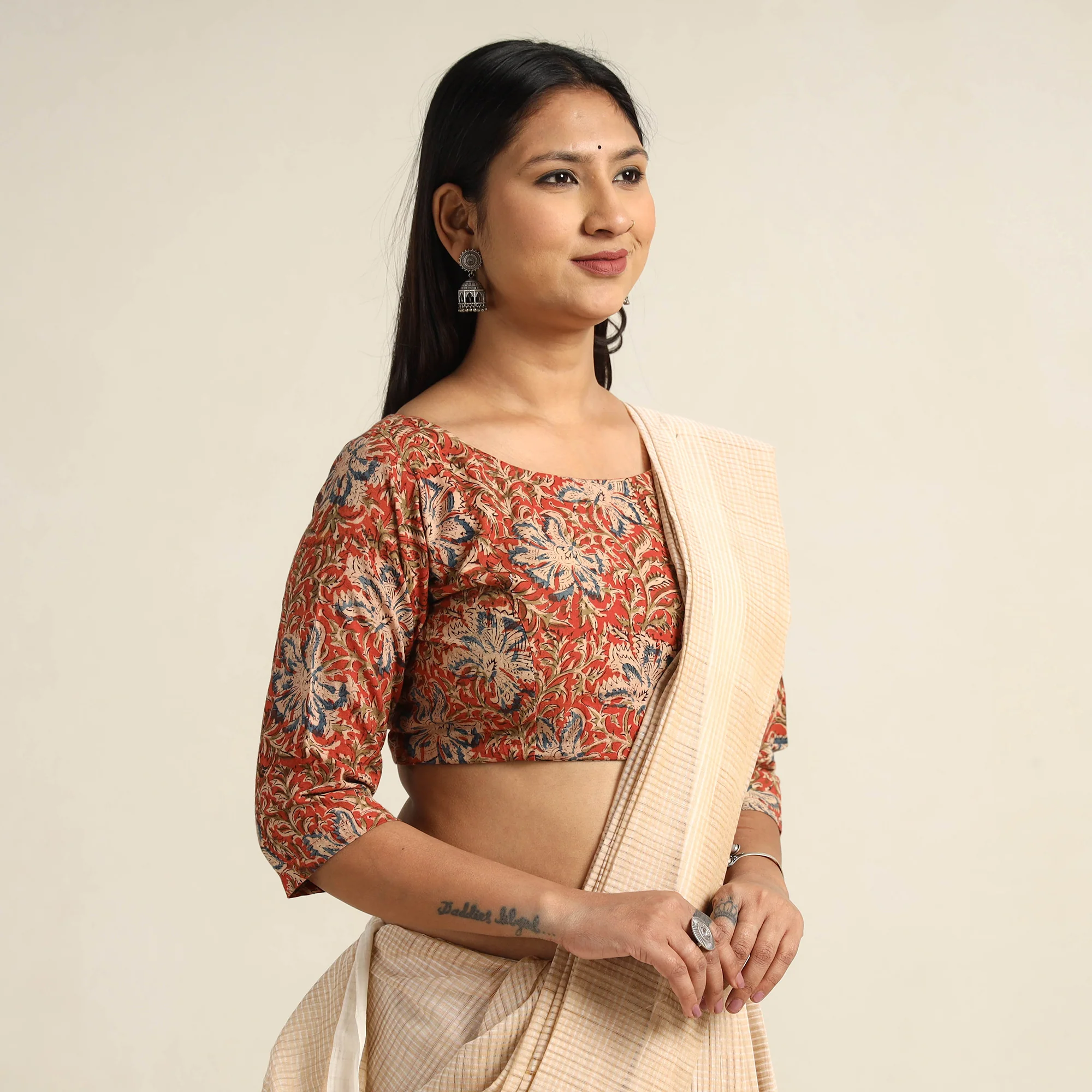 Orange - Pedana Kalamkari Block Printed Cotton Stitched Blouse 20 - Image 3