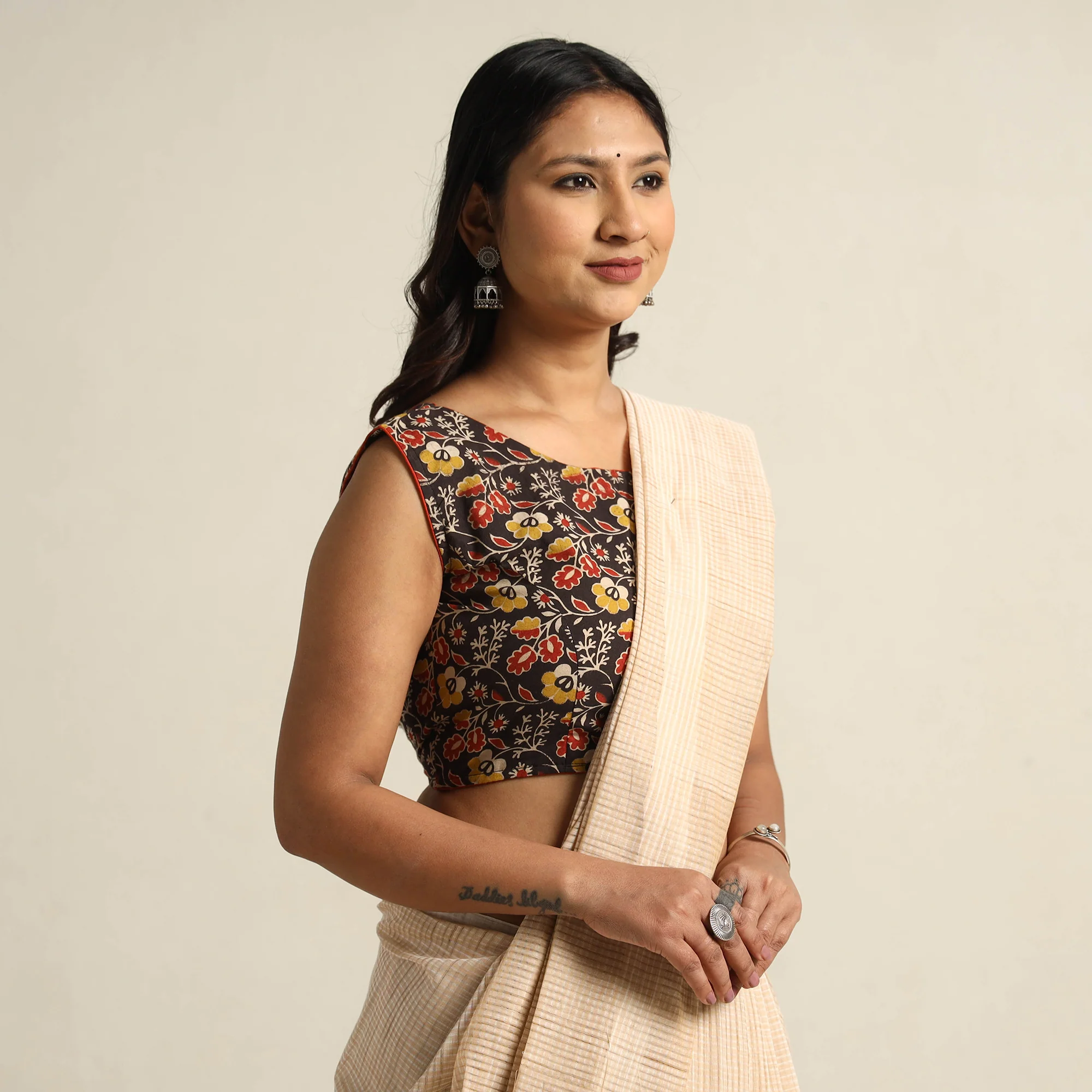 Black - Kalamkari Printed Cotton Stitched Blouse 03 - Image 3