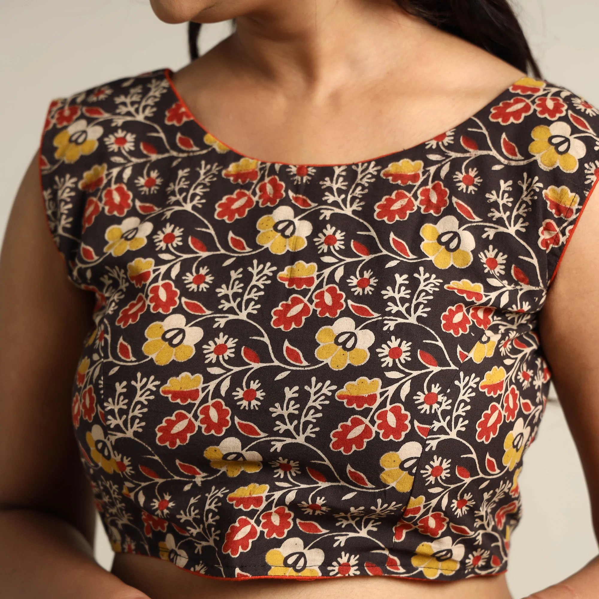 Black - Kalamkari Printed Cotton Stitched Blouse 03 - Image 4
