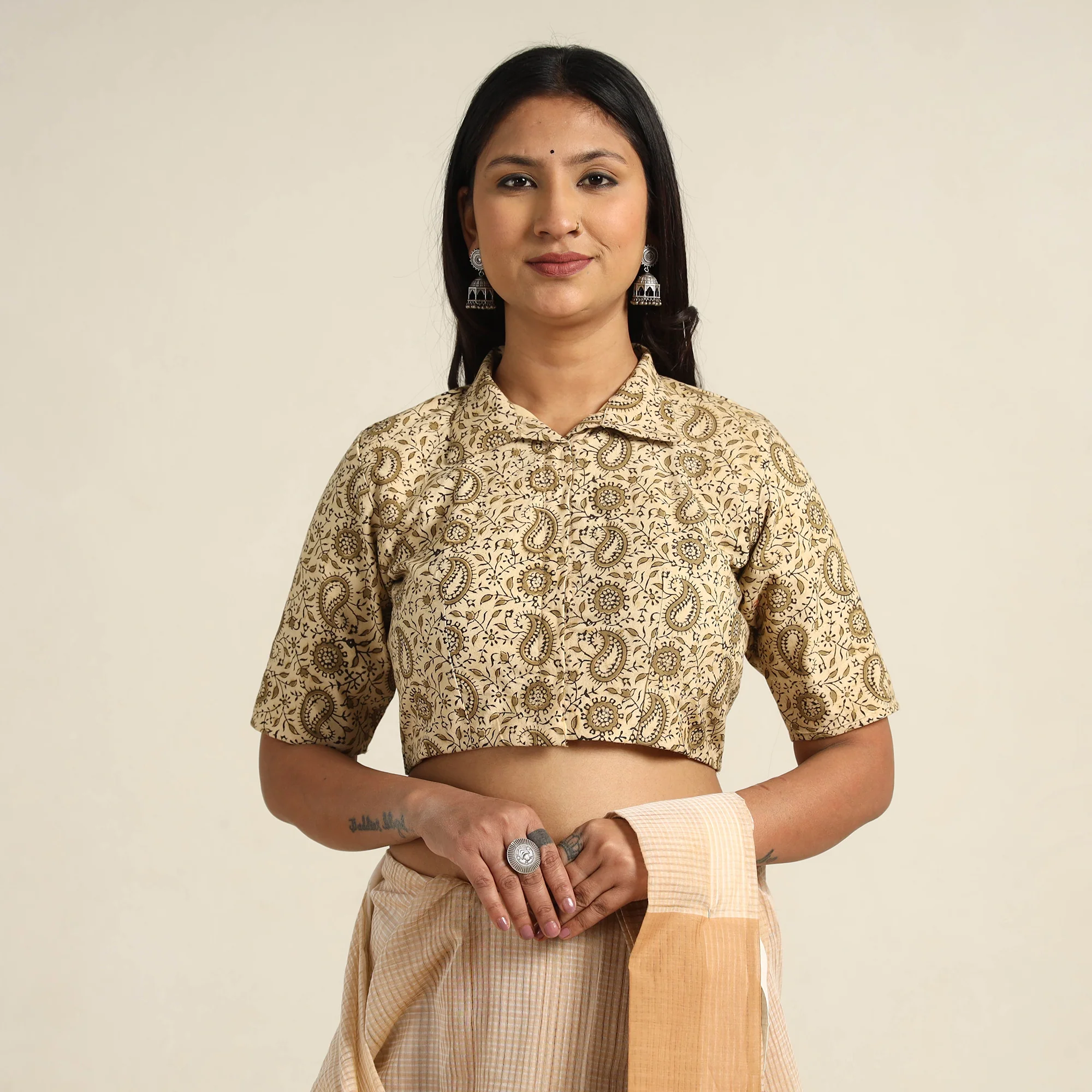 Beige - Pedana Kalamkari Block Printed Cotton Stitched Blouse 22 - Image 2
