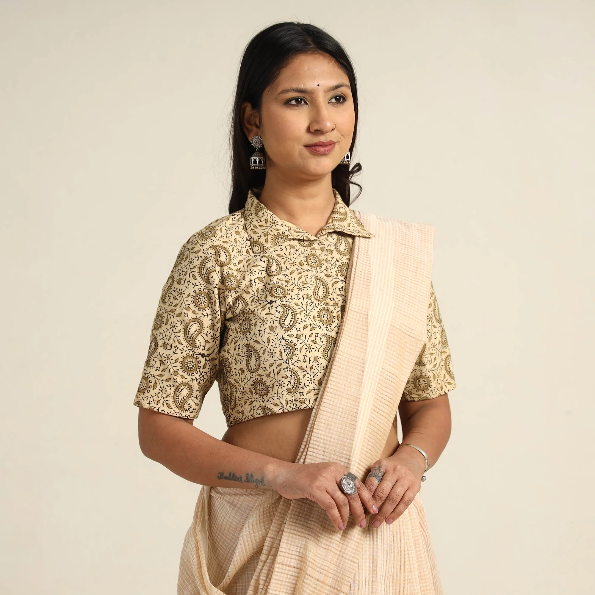 Beige - Pedana Kalamkari Block Printed Cotton Stitched Blouse 22 - Image 3