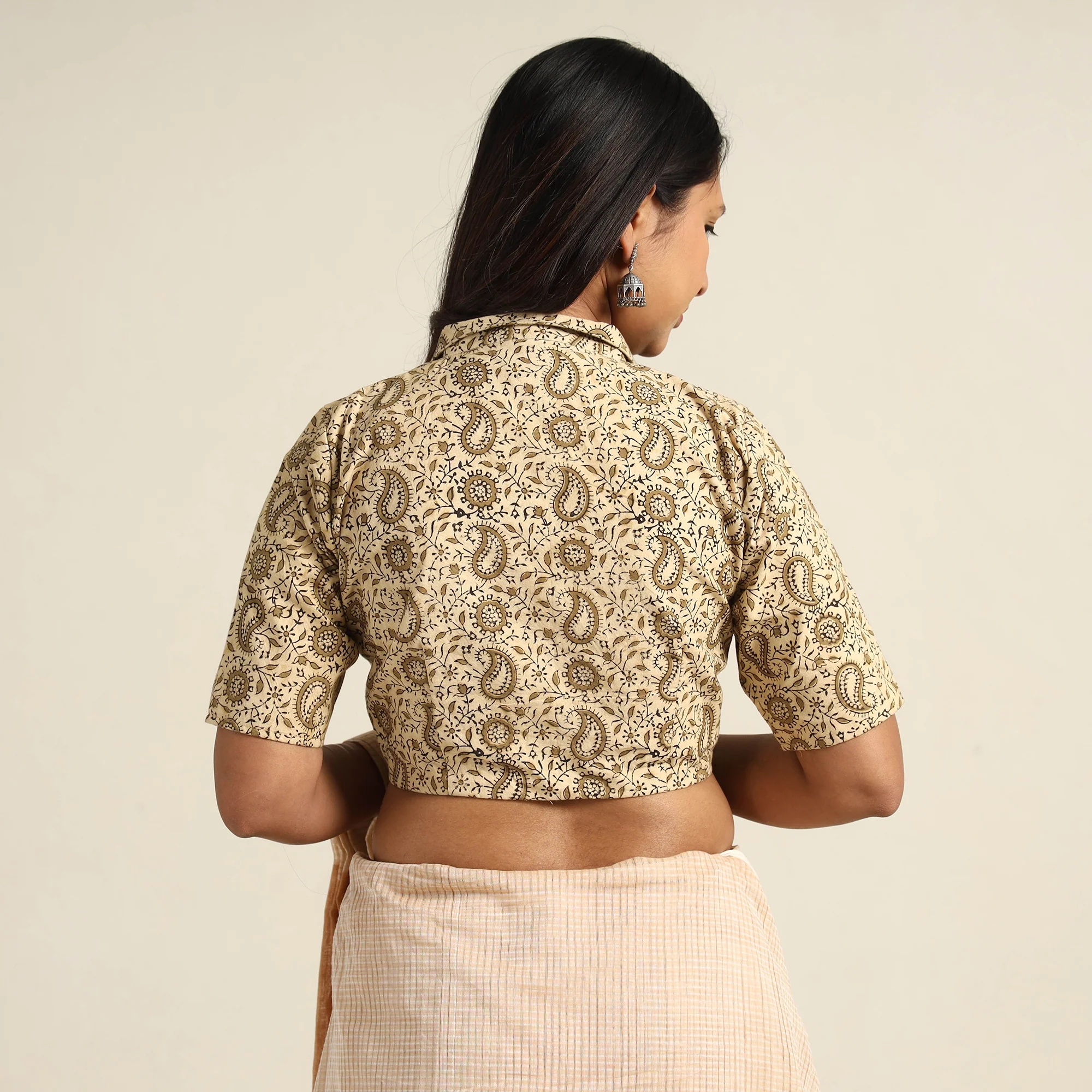Beige - Pedana Kalamkari Block Printed Cotton Stitched Blouse 22 - Image 5