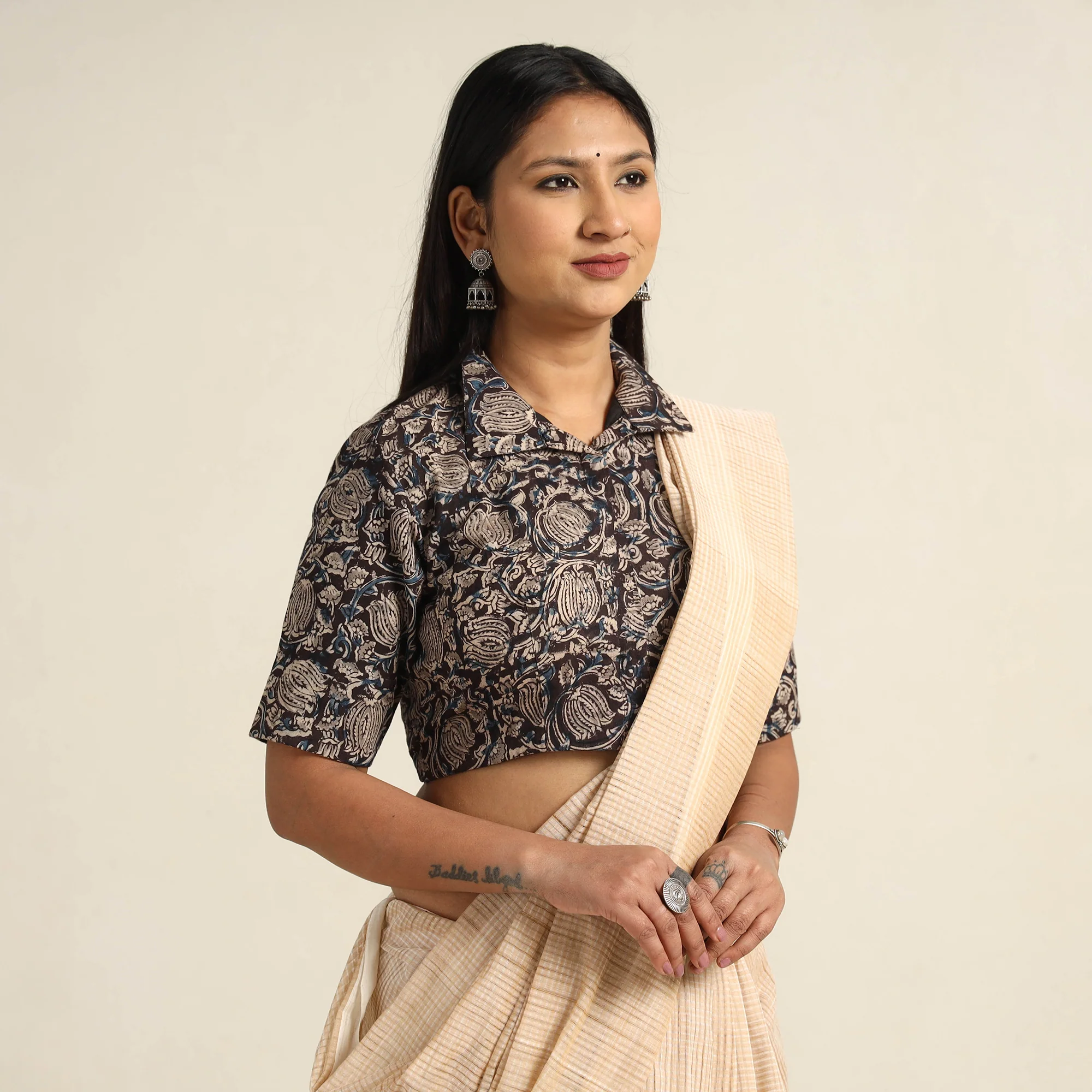 Black - Pedana Kalamkari Block Printed Cotton Stitched Blouse 23 - Image 3