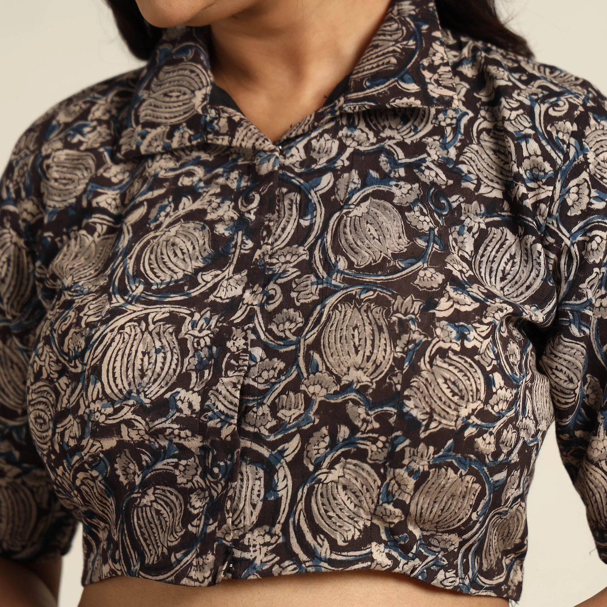 Black - Pedana Kalamkari Block Printed Cotton Stitched Blouse 23 - Image 4