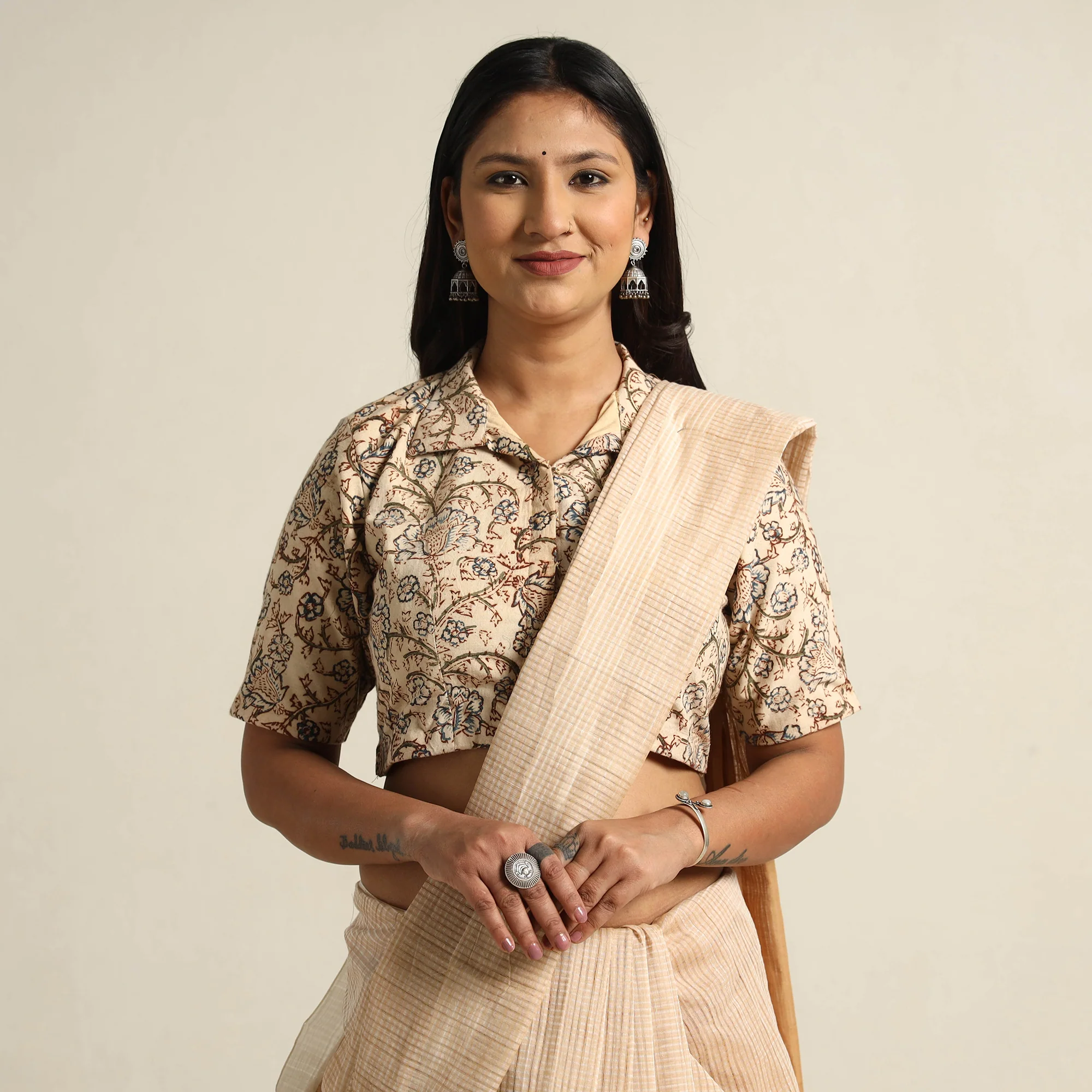 Beige - Pedana Kalamkari Block Printed Cotton Stitched Blouse 24