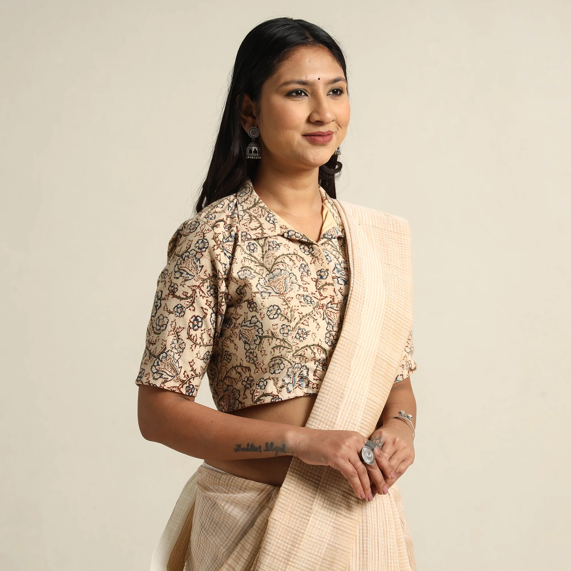 Beige - Pedana Kalamkari Block Printed Cotton Stitched Blouse 24 - Image 3
