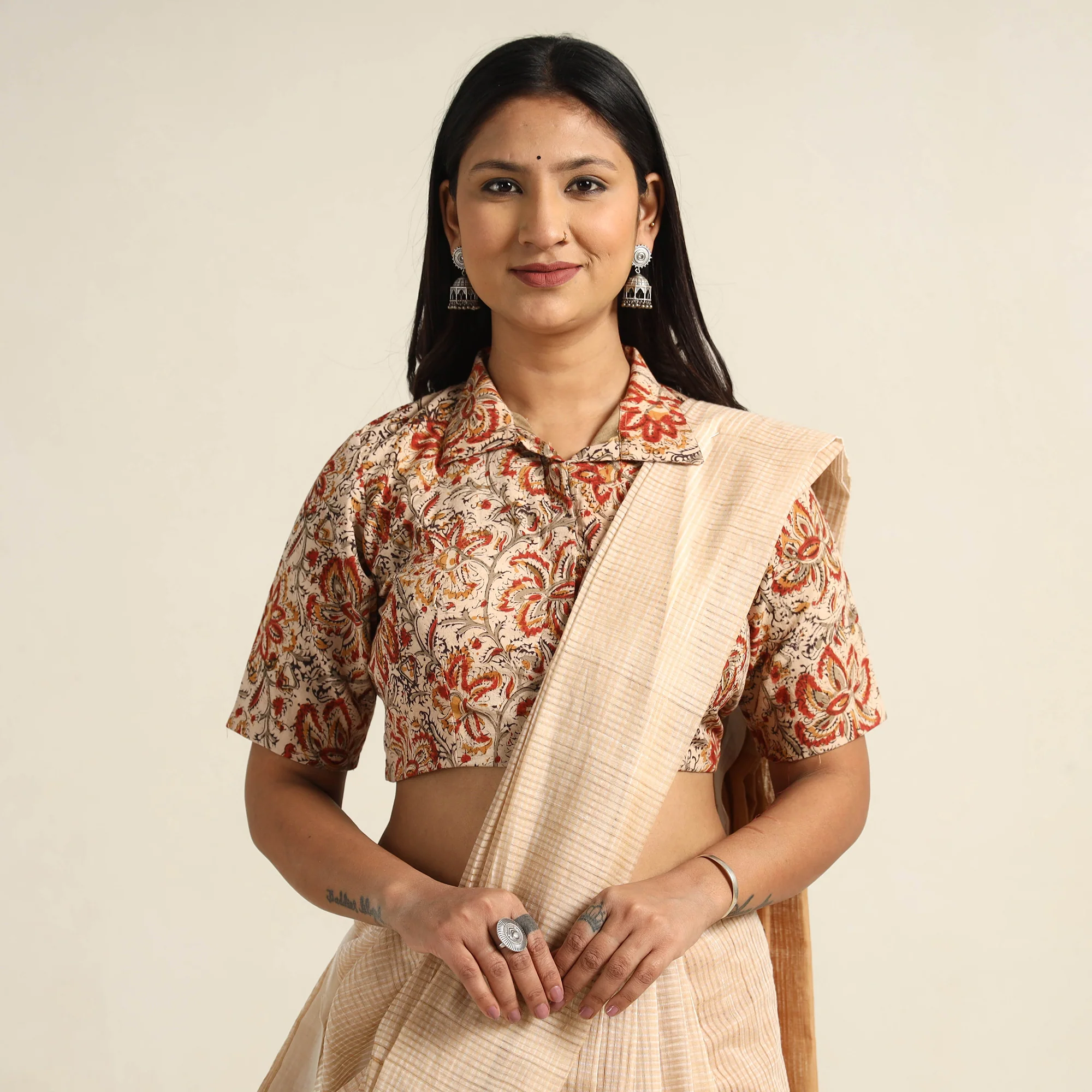Beige - Pedana Kalamkari Block Printed Cotton Stitched Blouse 25