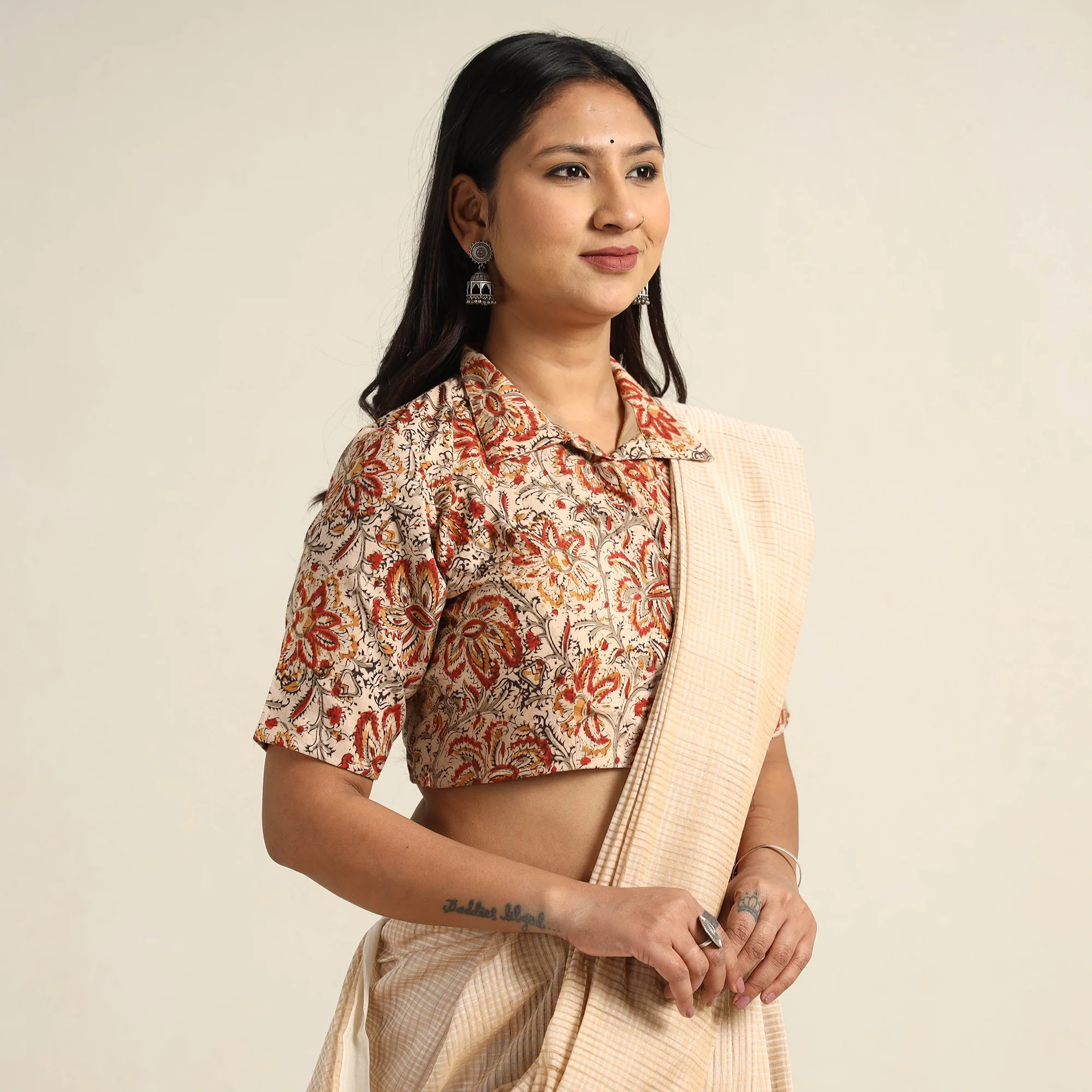 Beige - Pedana Kalamkari Block Printed Cotton Stitched Blouse 25 - Image 3