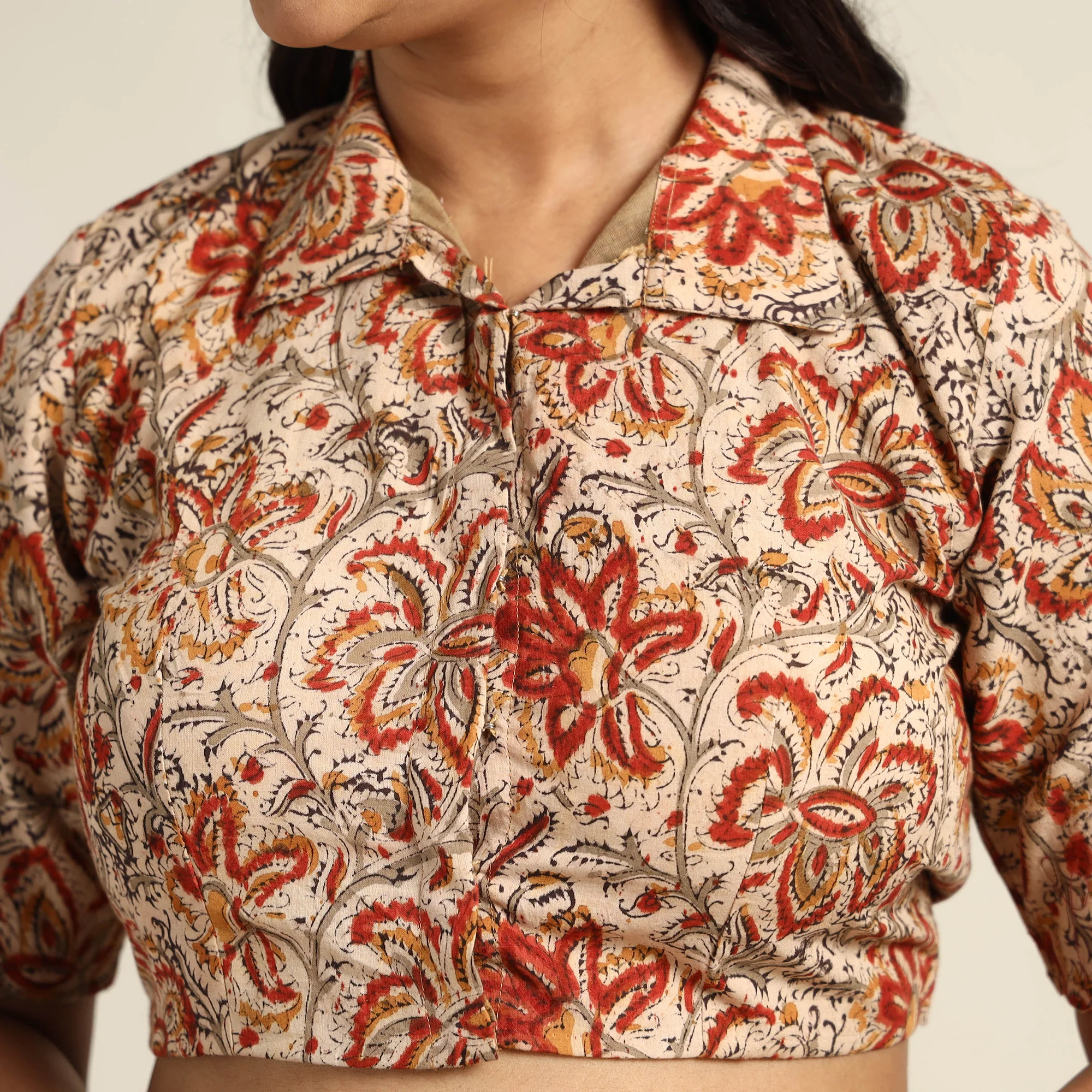 Beige - Pedana Kalamkari Block Printed Cotton Stitched Blouse 25 - Image 4