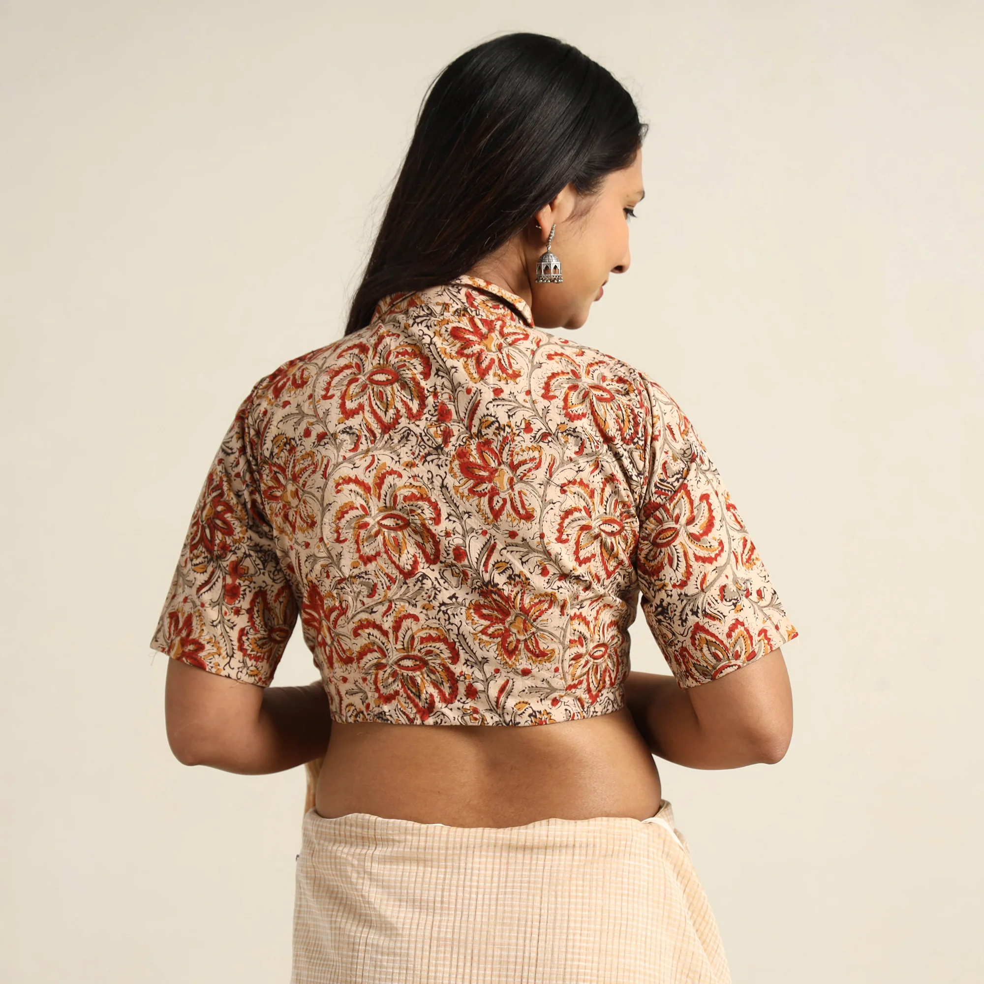Beige - Pedana Kalamkari Block Printed Cotton Stitched Blouse 25 - Image 5