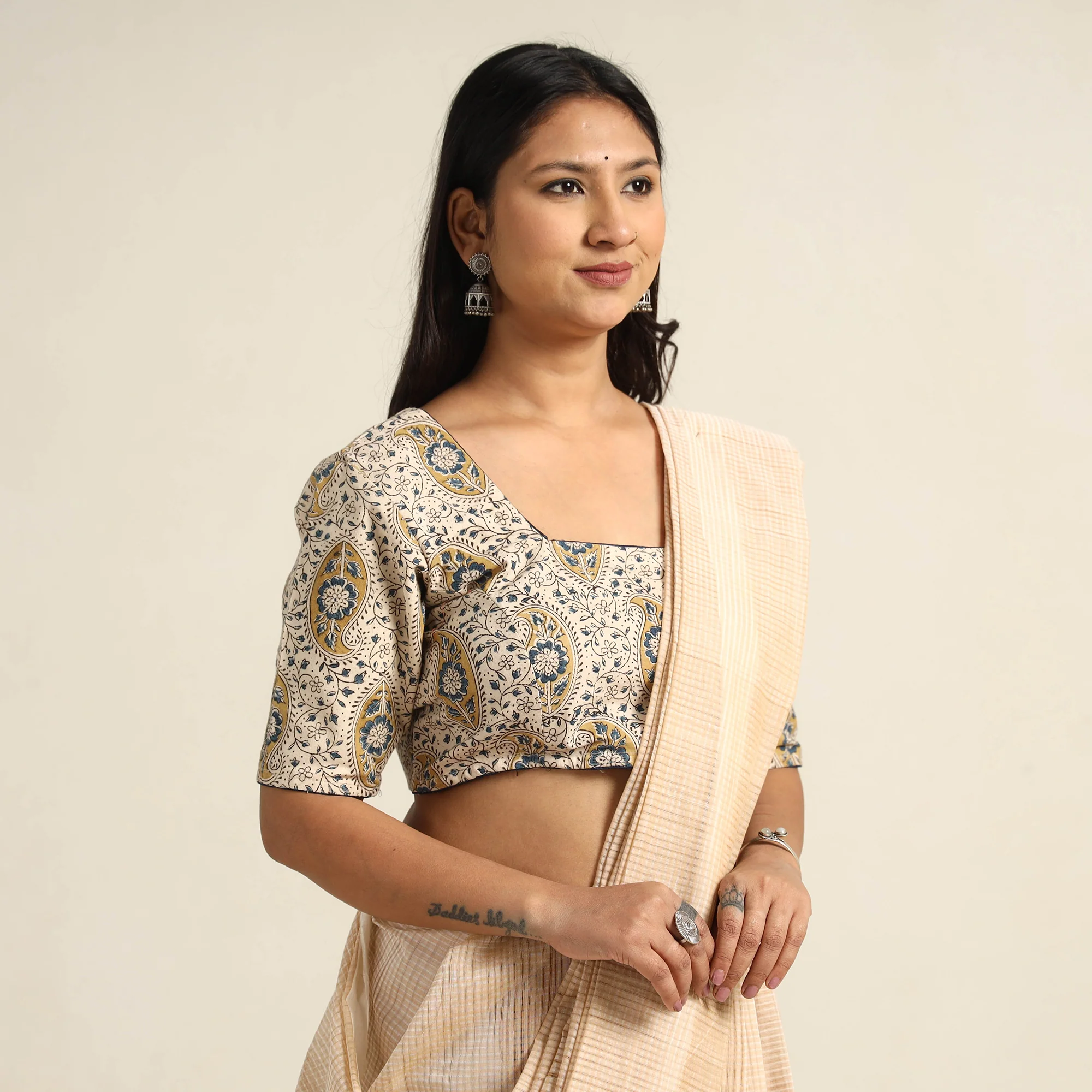 Beige - Pedana Kalamkari Block Printed Cotton Stitched Blouse 28 - Image 3