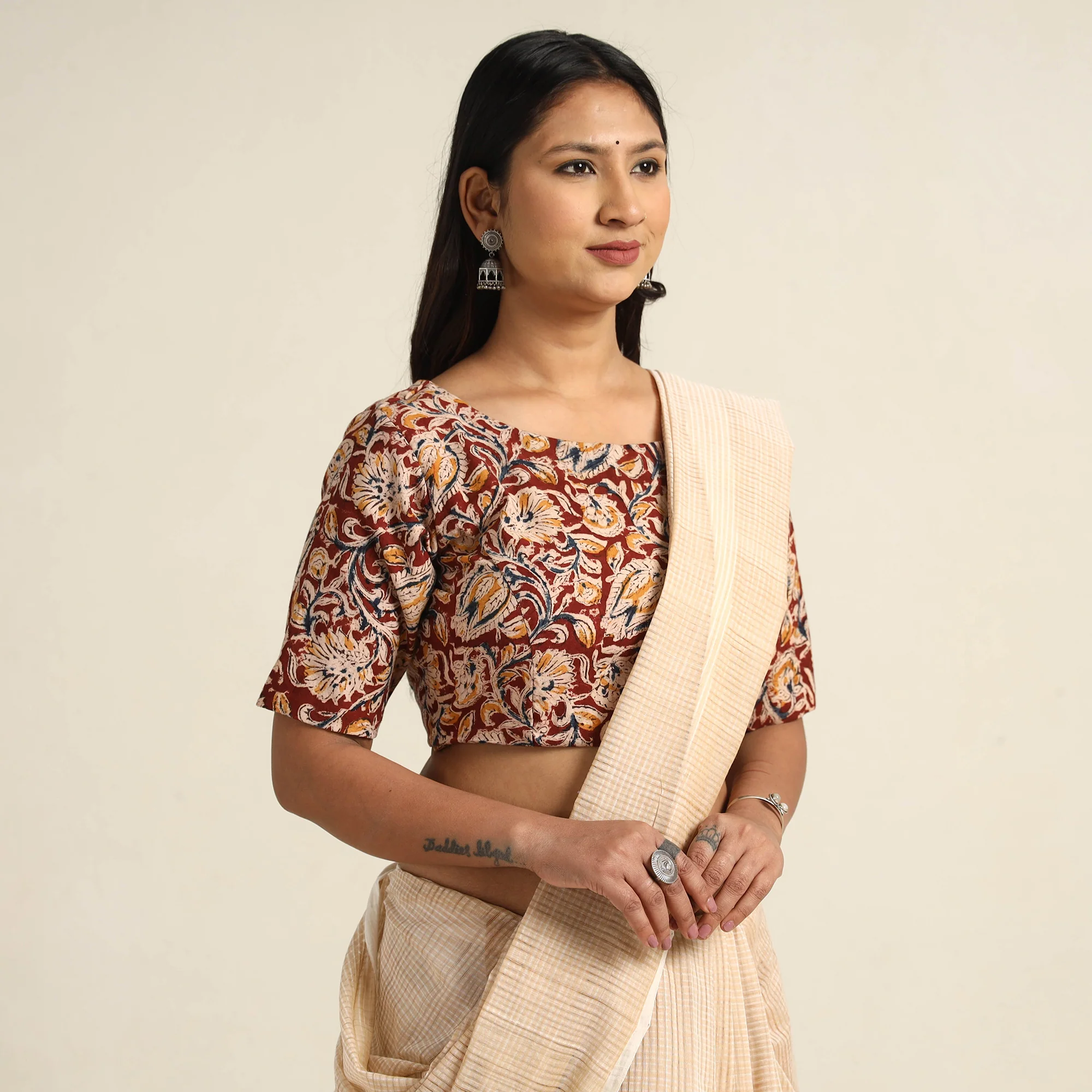 Red - Pedana Kalamkari Block Printed Cotton Stitched Blouse 30 - Image 3