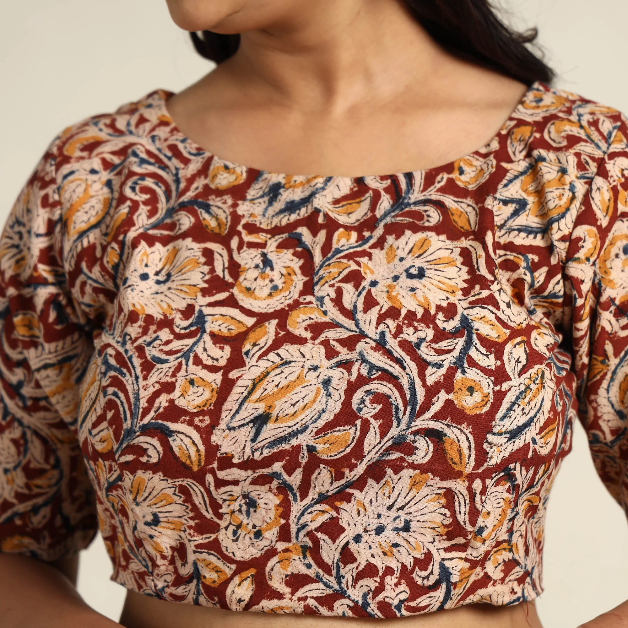 Red - Pedana Kalamkari Block Printed Cotton Stitched Blouse 30 - Image 4