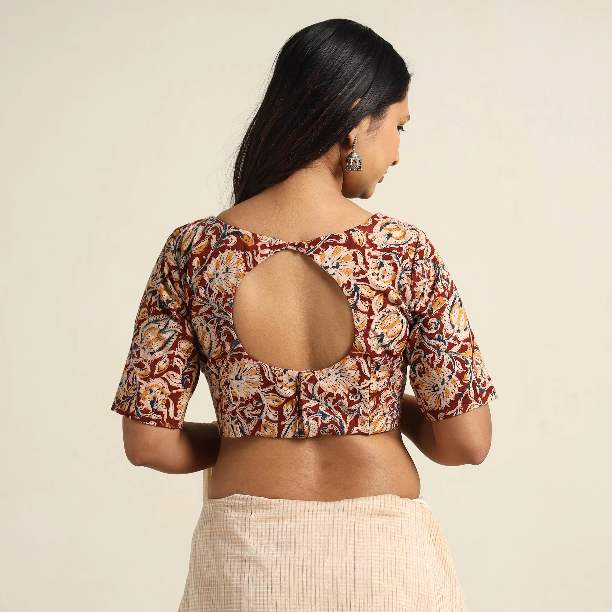Red - Pedana Kalamkari Block Printed Cotton Stitched Blouse 30 - Image 5