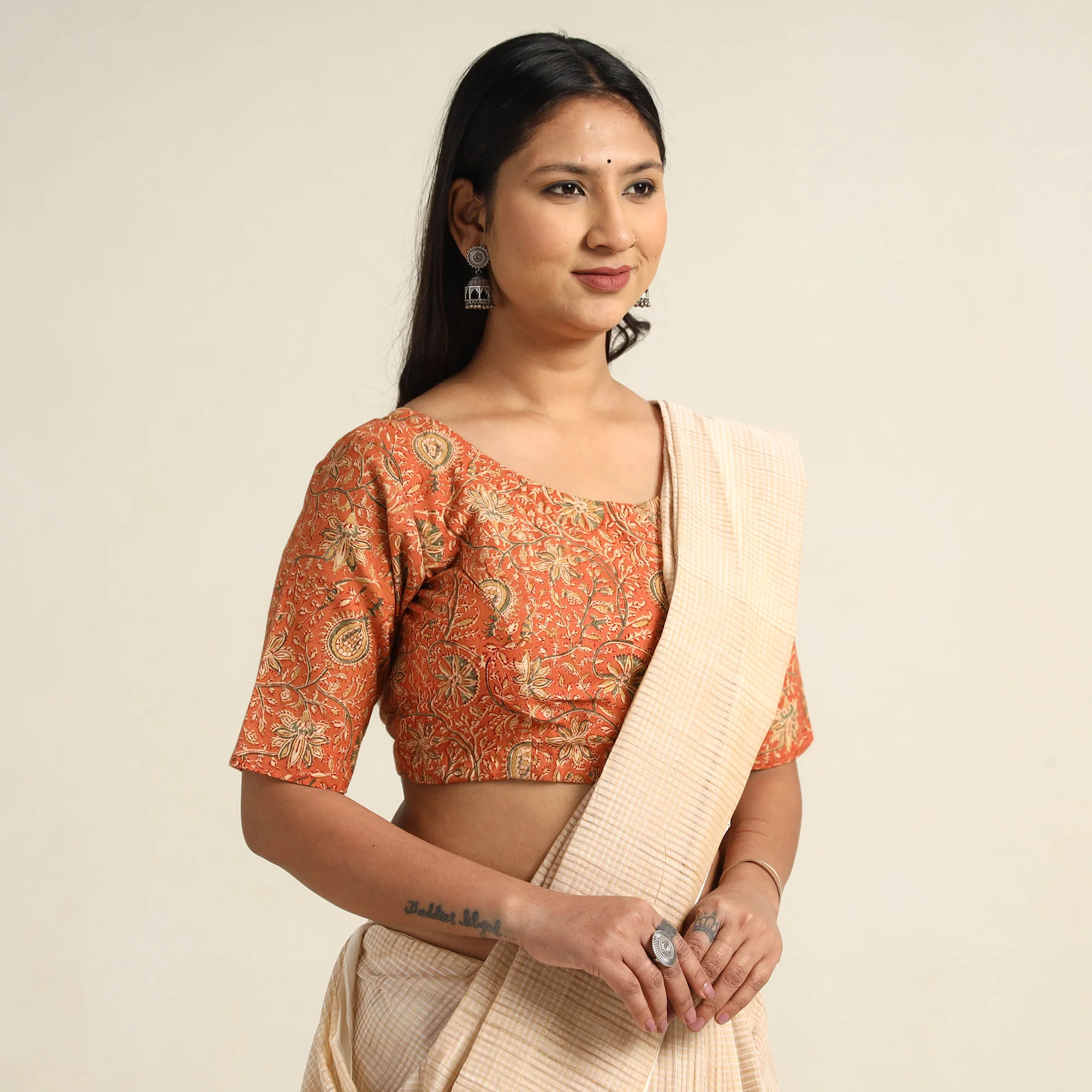 Orange - Pedana Kalamkari Block Printed Cotton Stitched Blouse 31 - Image 3