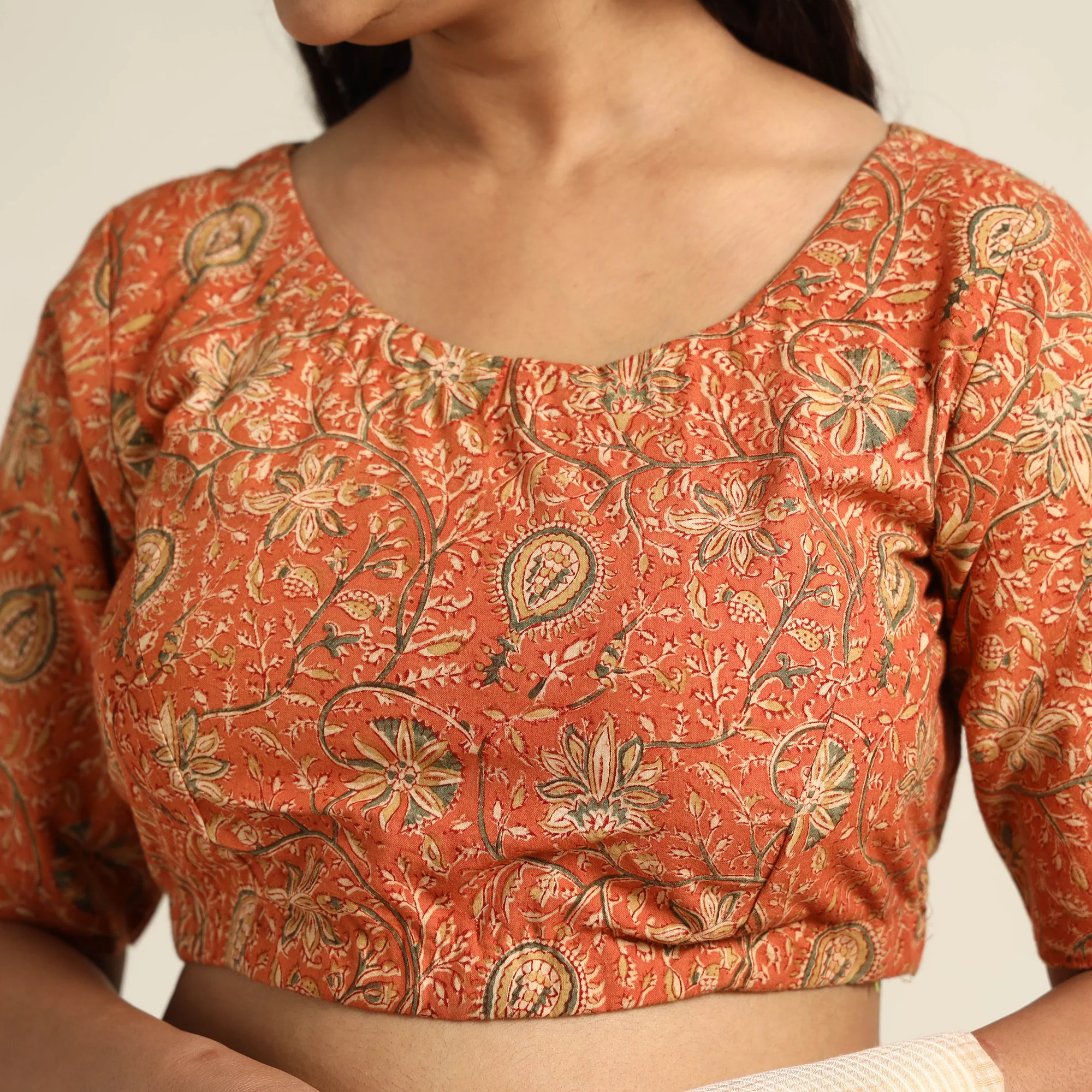Orange - Pedana Kalamkari Block Printed Cotton Stitched Blouse 31 - Image 4