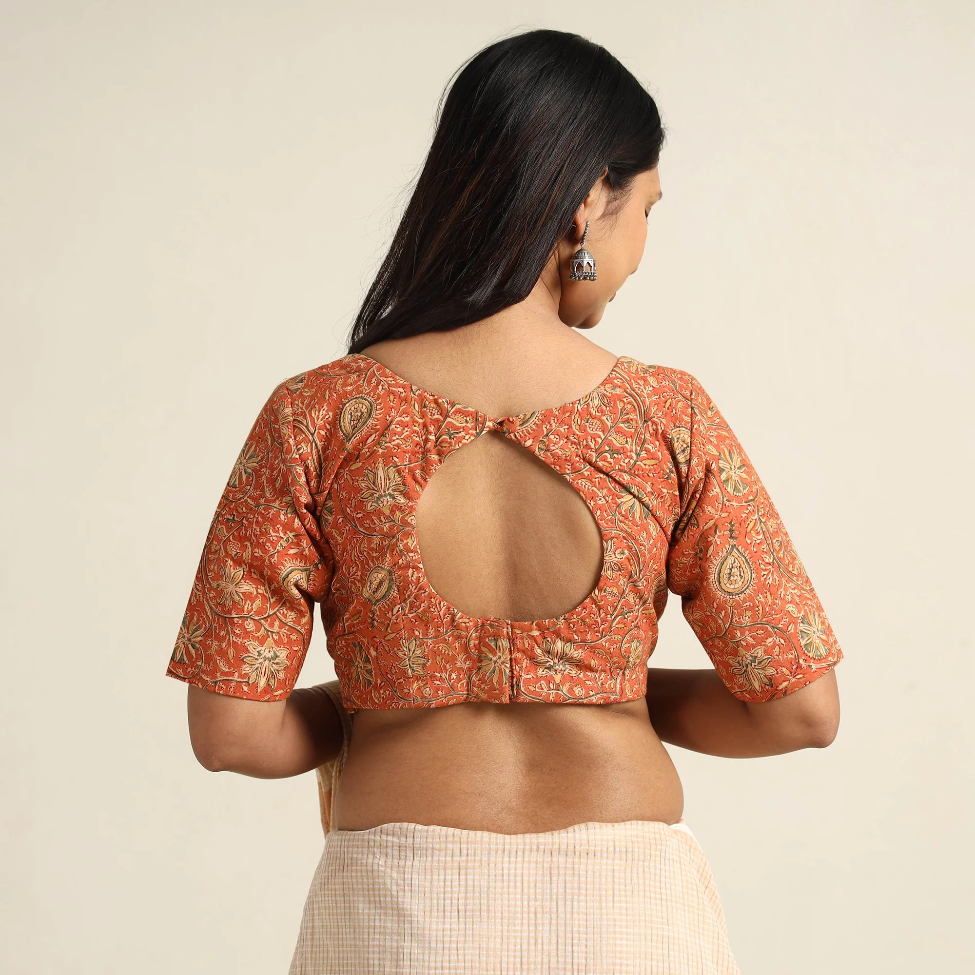 Orange - Pedana Kalamkari Block Printed Cotton Stitched Blouse 31 - Image 5