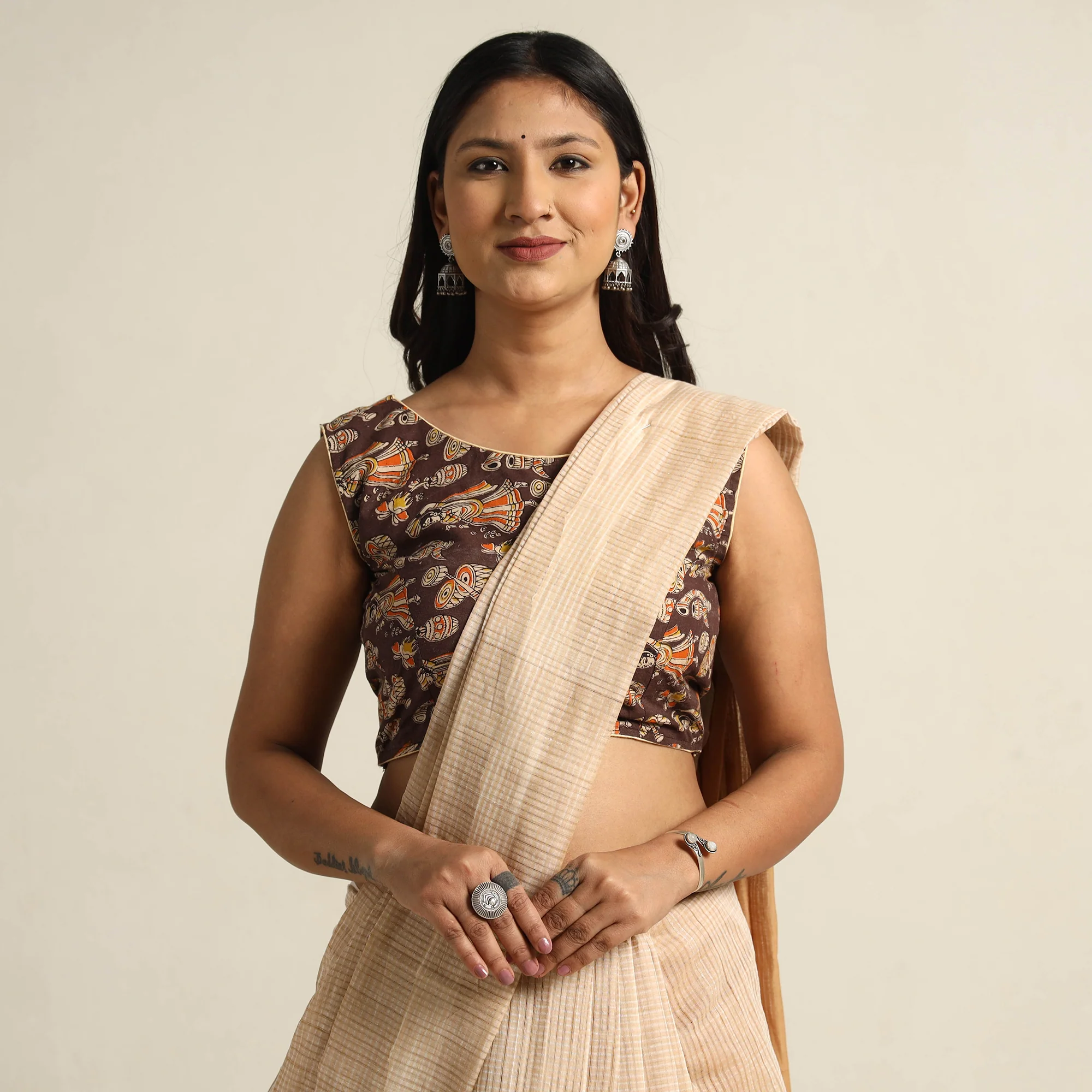 Brown - Kalamkari Printed Cotton Stitched Blouse 04