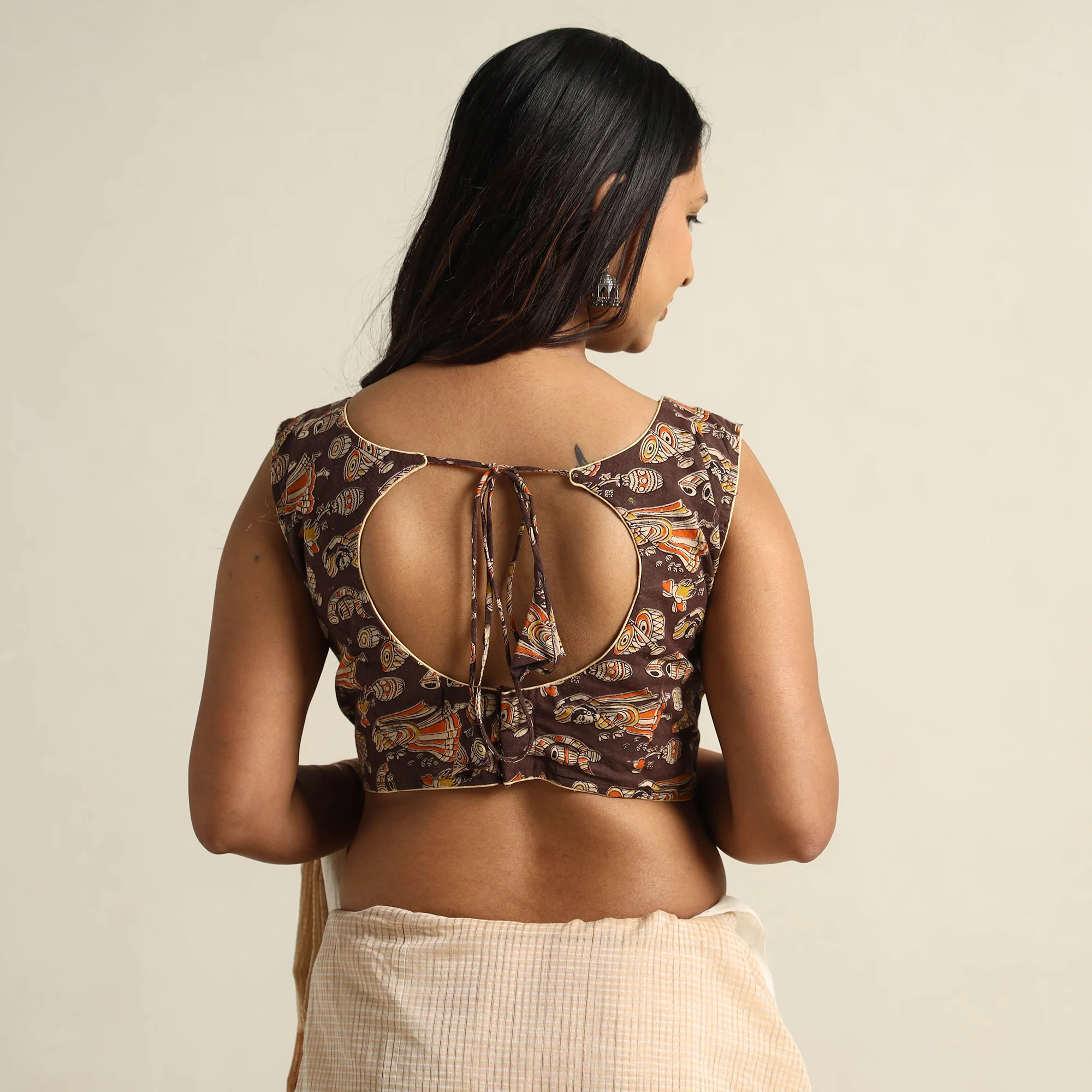 Brown - Kalamkari Printed Cotton Stitched Blouse 04 - Image 5