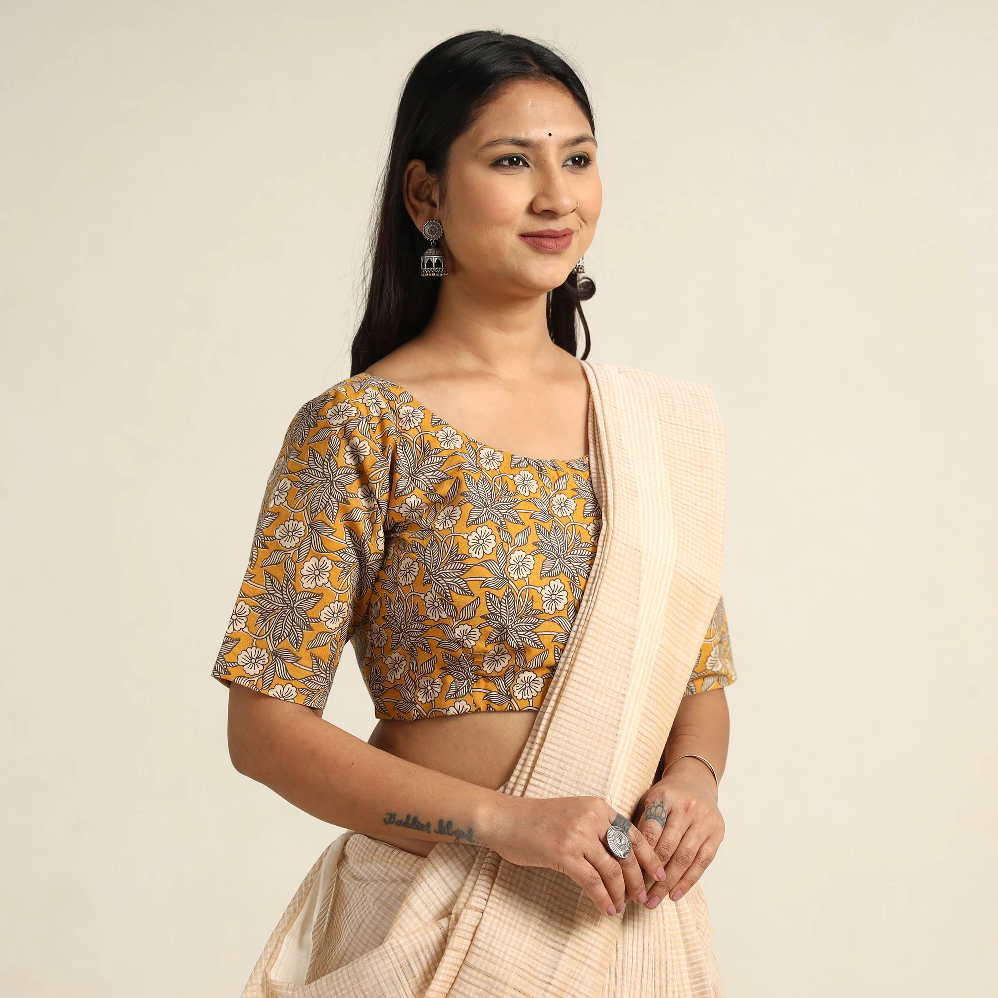 Yellow - Kalamkari Printed Cotton Stitched Blouse 05 - Image 3