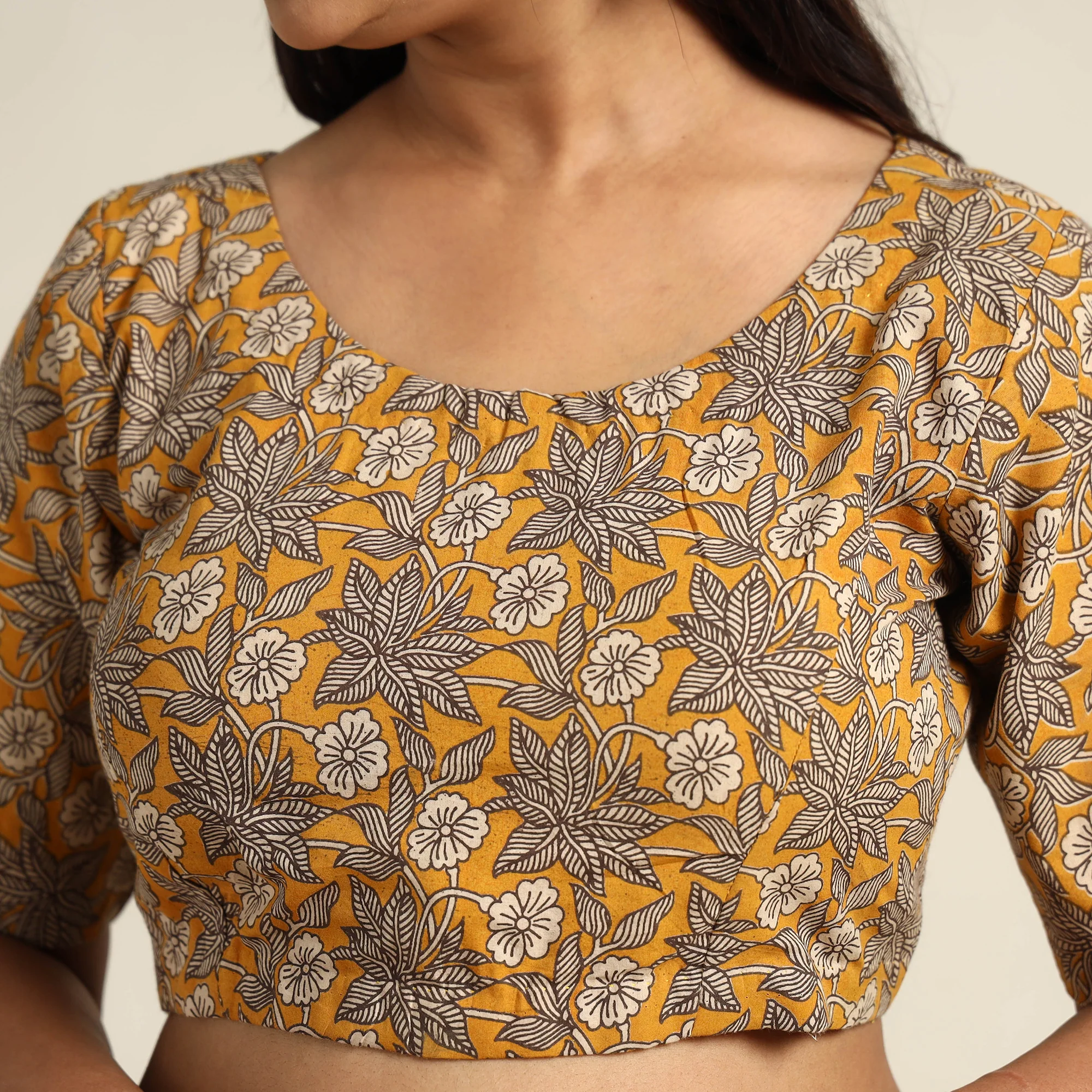 Yellow - Kalamkari Printed Cotton Stitched Blouse 05 - Image 4