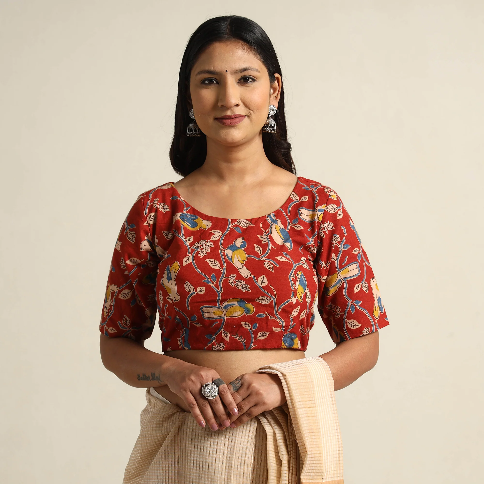 Red - Kalamkari Printed Cotton Stitched Blouse 06 - Image 2