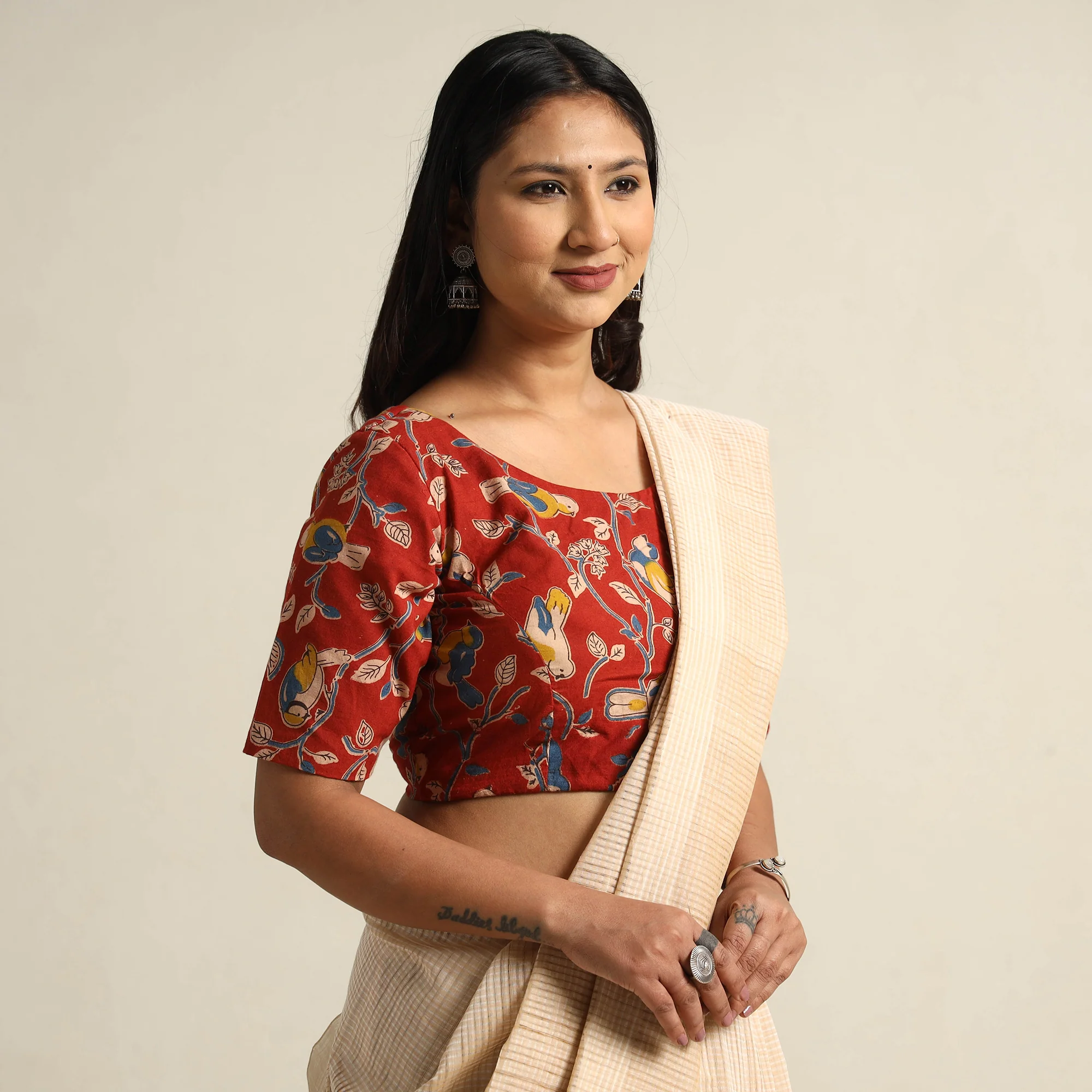 Red - Kalamkari Printed Cotton Stitched Blouse 06 - Image 3