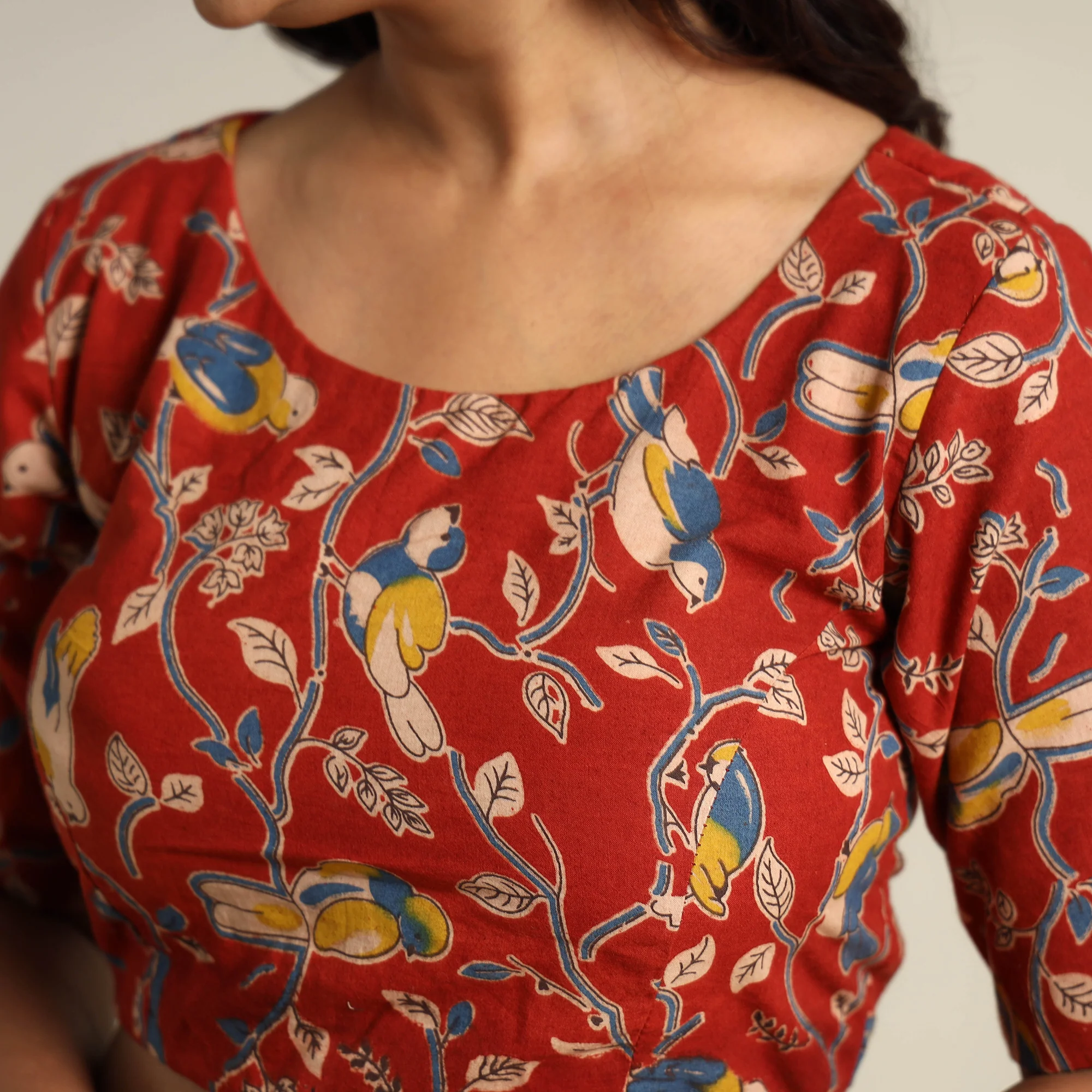 Red - Kalamkari Printed Cotton Stitched Blouse 06 - Image 4