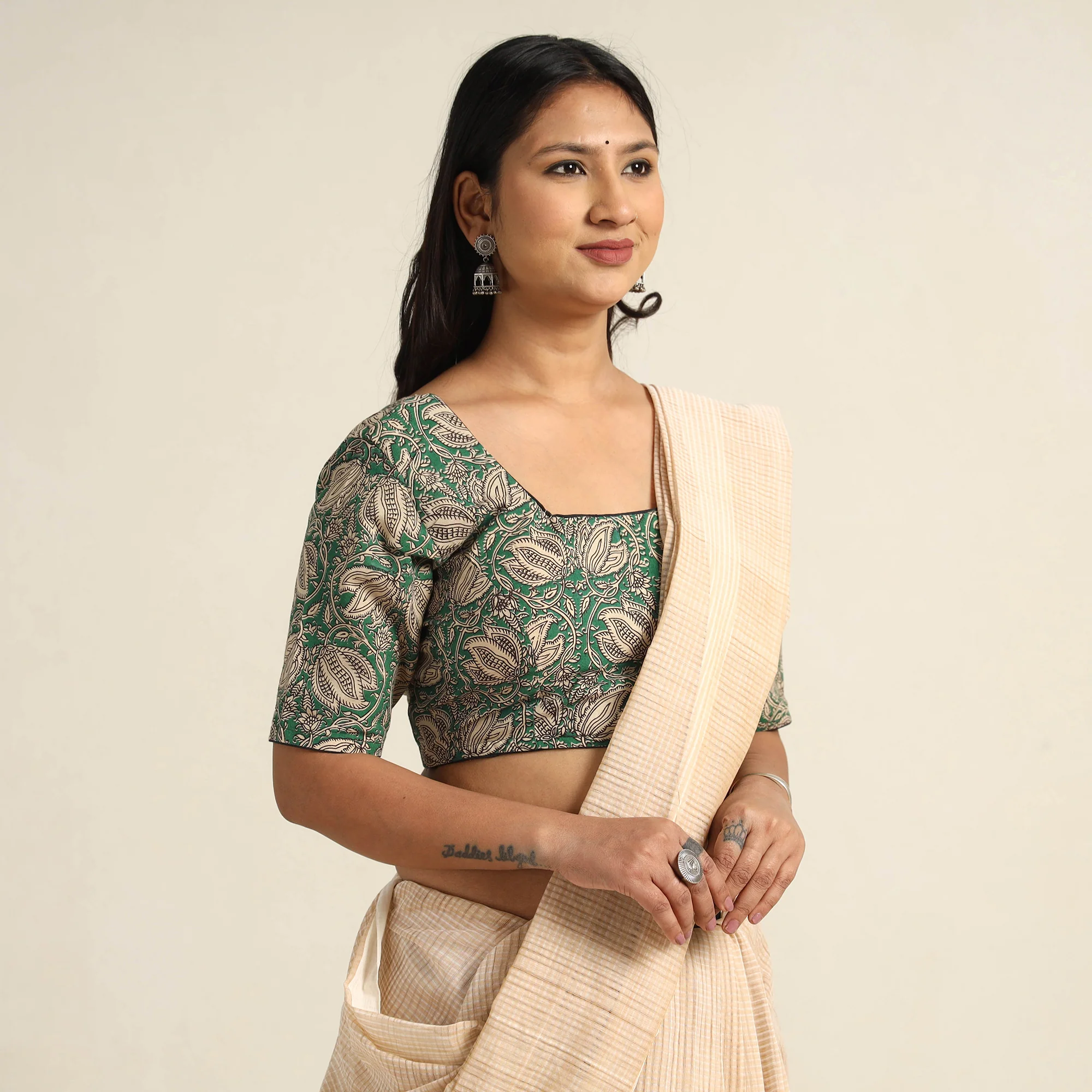 Green - Kalamkari Printed Cotton Stitched Blouse 07 - Image 3