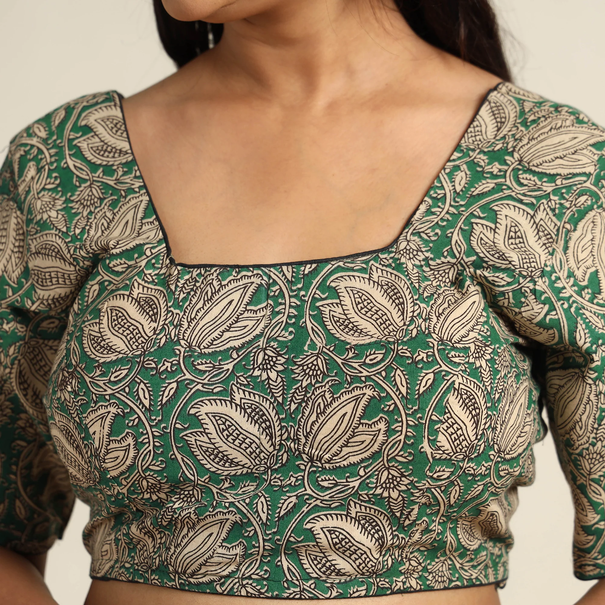 Green - Kalamkari Printed Cotton Stitched Blouse 07 - Image 4