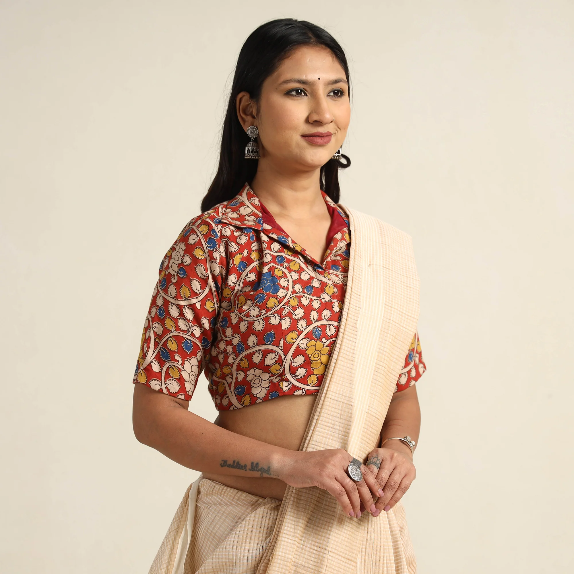 Red - Kalamkari Printed Cotton Stitched Blouse 08 - Image 3