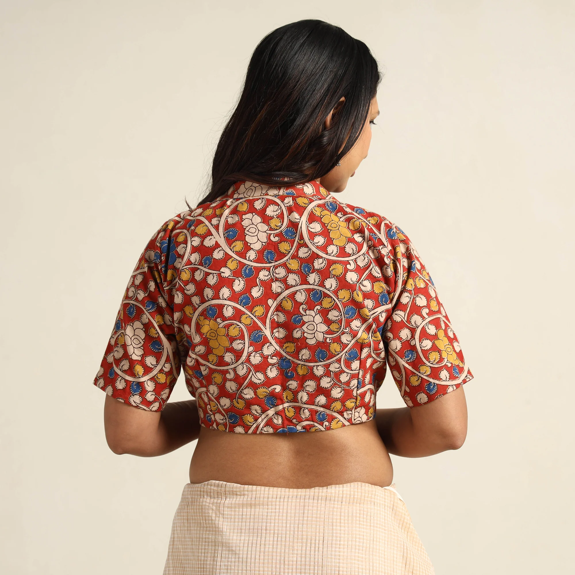Red - Kalamkari Printed Cotton Stitched Blouse 08 - Image 5