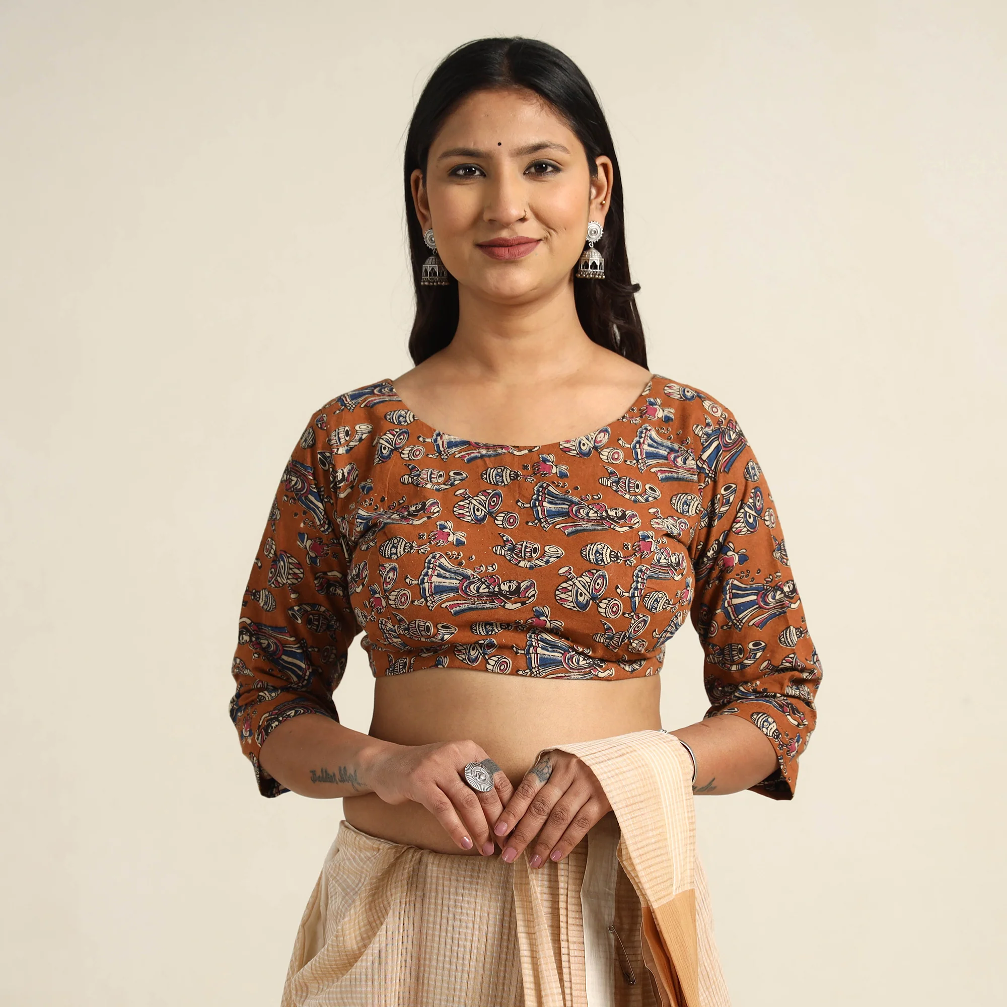 Brown - Kalamkari Printed Cotton Stitched Blouse 09 - Image 2