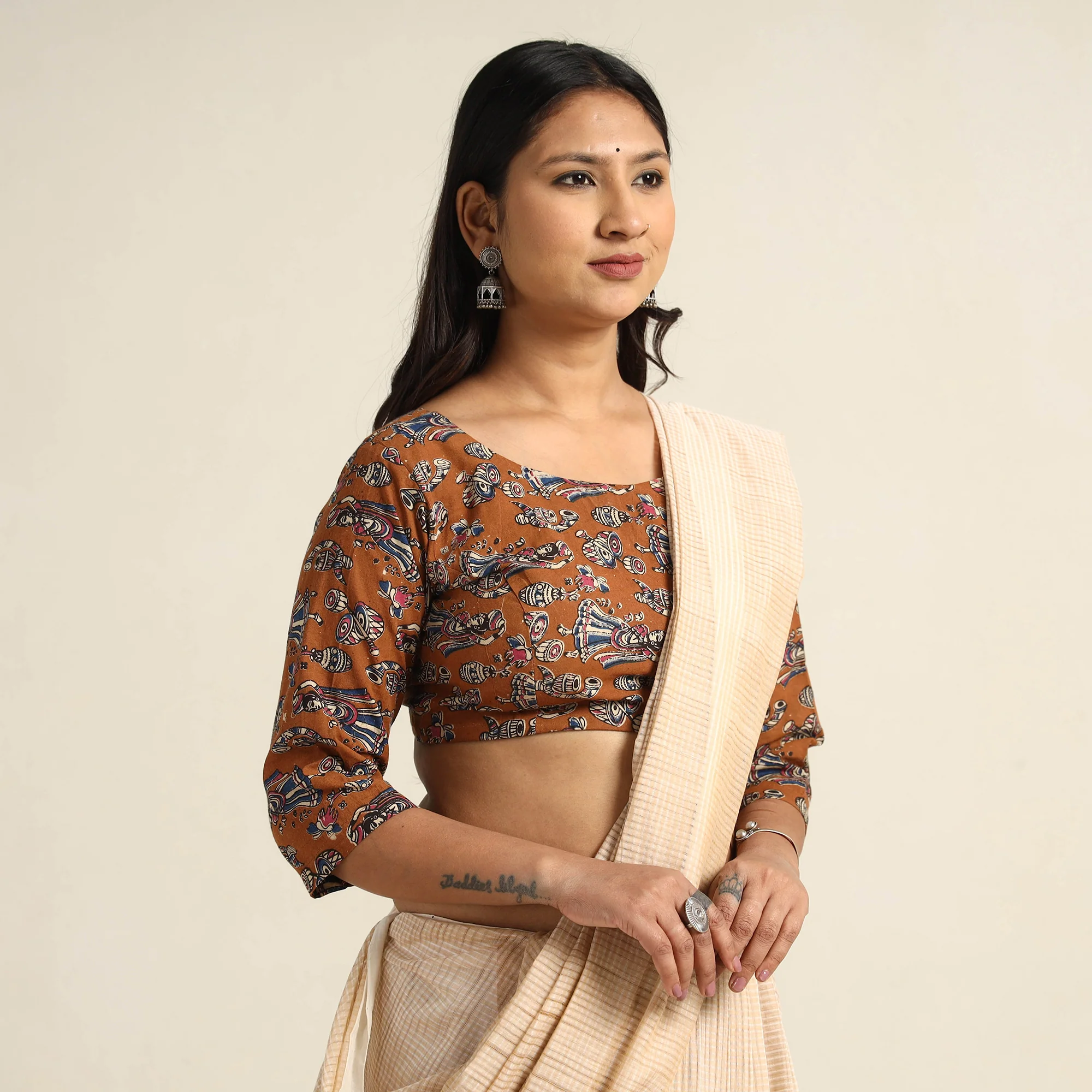 Brown - Kalamkari Printed Cotton Stitched Blouse 09 - Image 3