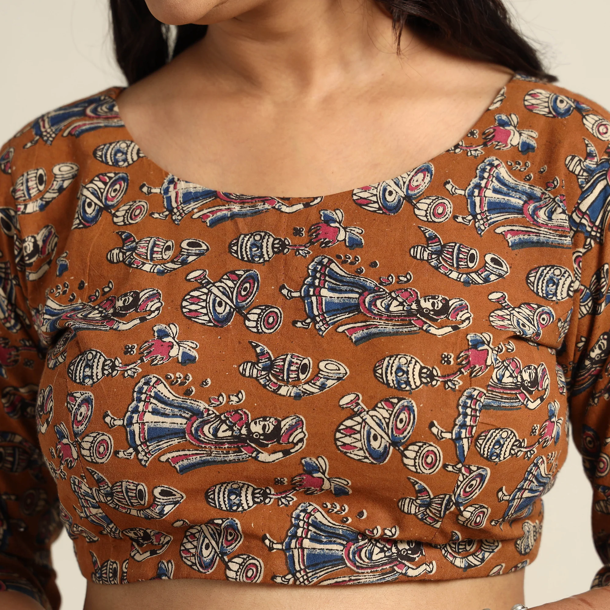 Brown - Kalamkari Printed Cotton Stitched Blouse 09 - Image 4