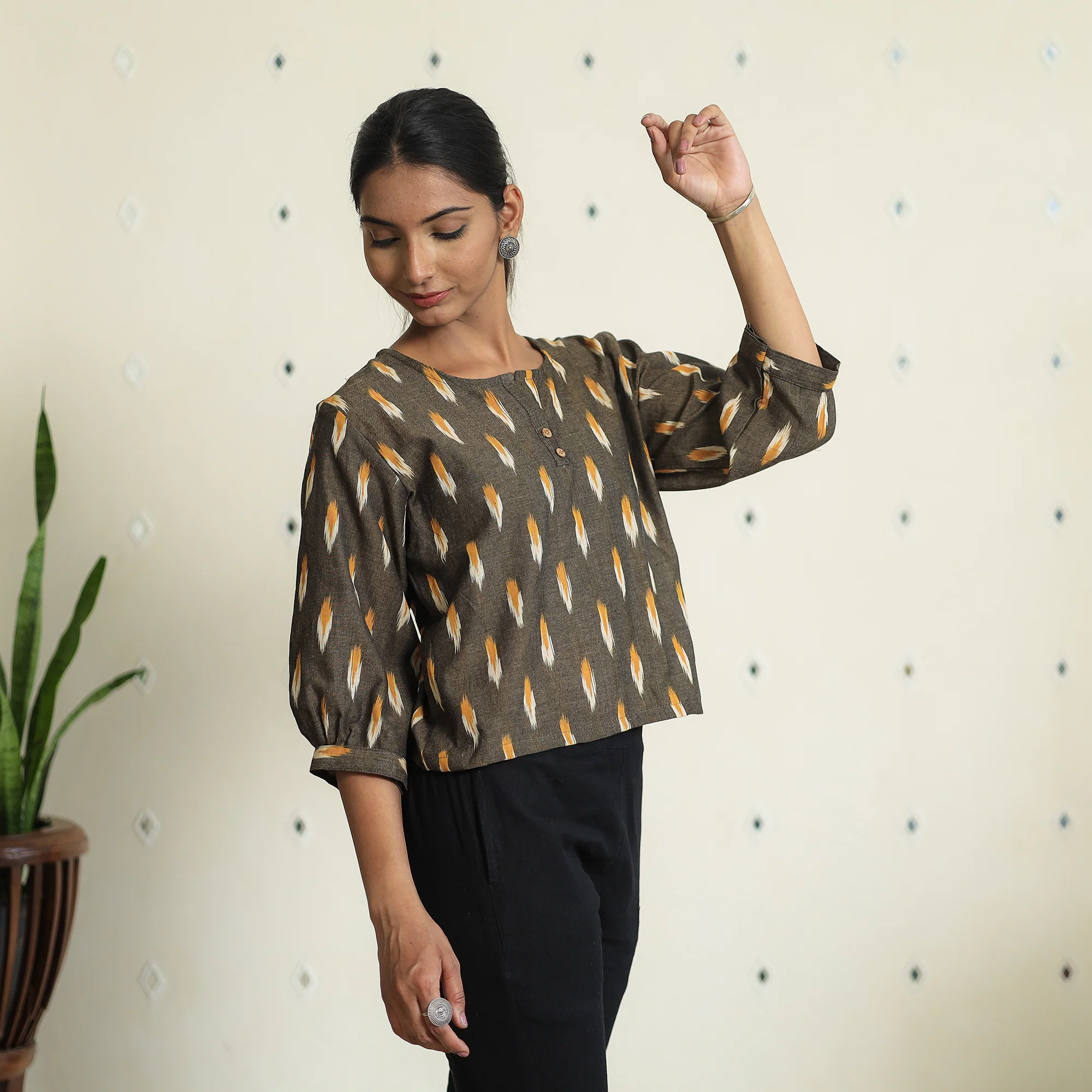 Brown - Pochampally Ikat Full Sleeve Cotton Crop Top 13 - Image 2