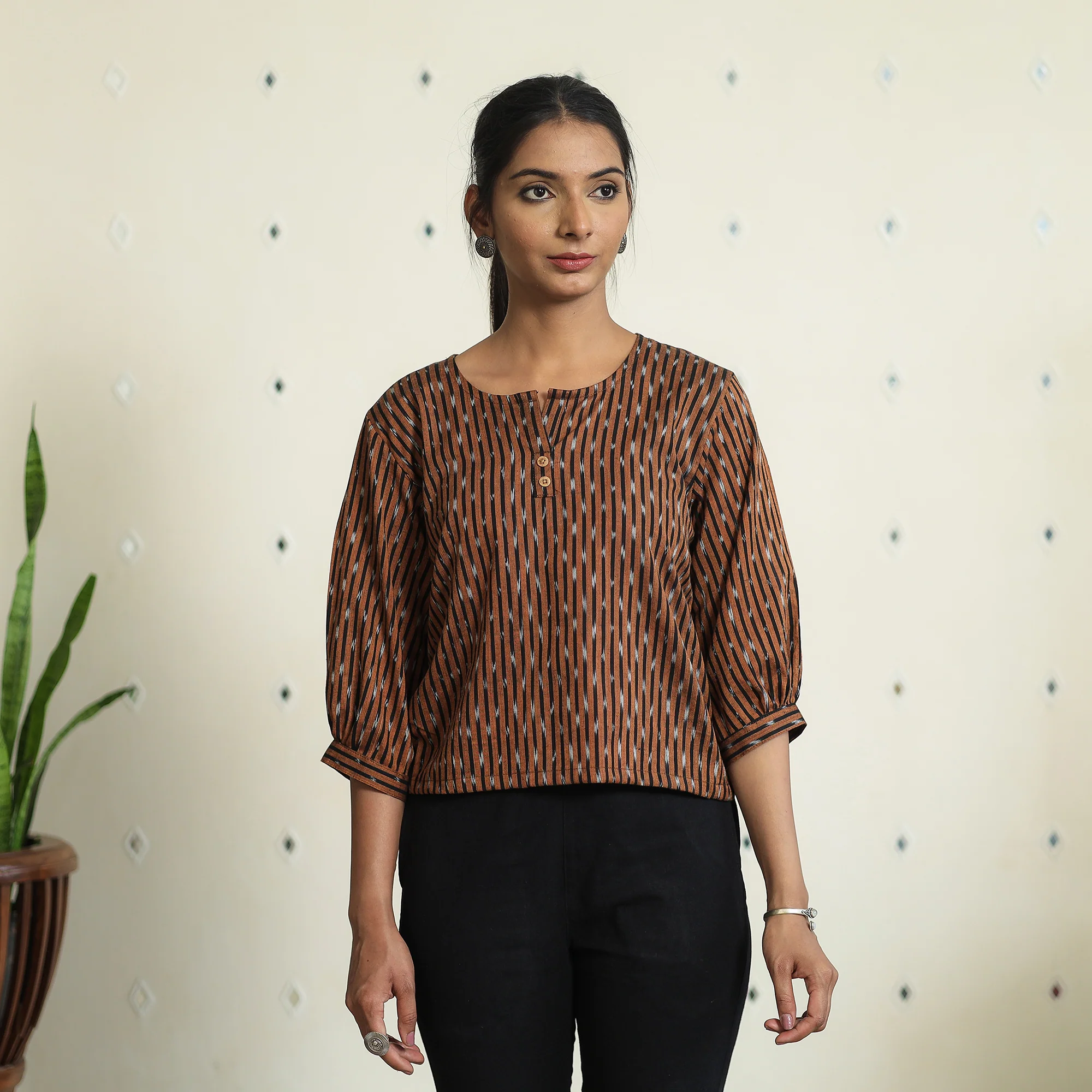 Brown - Pochampally Ikat Full Sleeve Cotton Crop Top 06