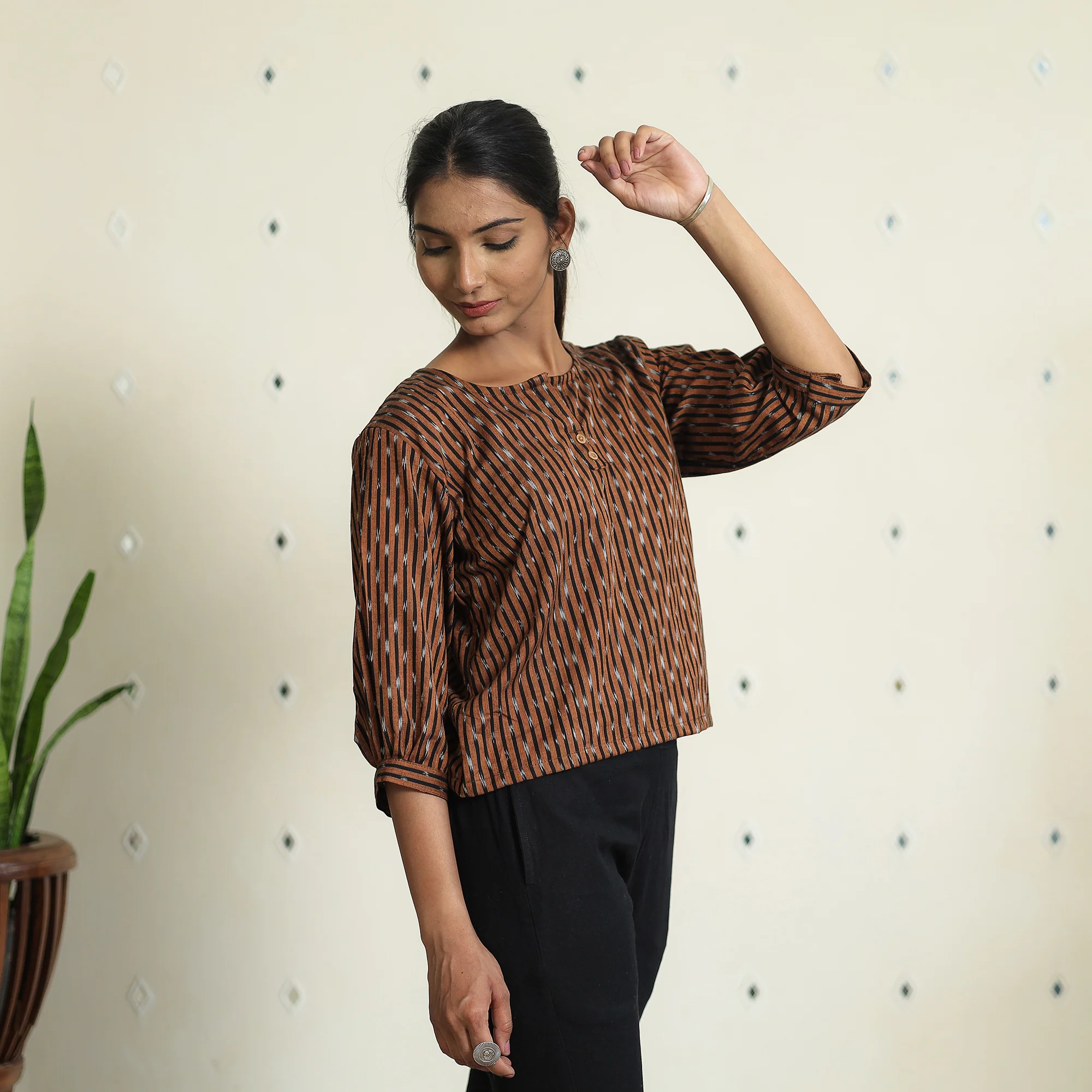Brown - Pochampally Ikat Full Sleeve Cotton Crop Top 06 - Image 2