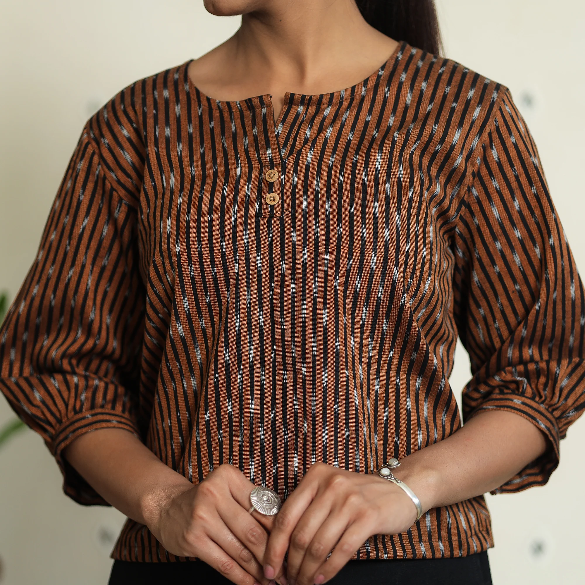 Brown - Pochampally Ikat Full Sleeve Cotton Crop Top 06 - Image 4