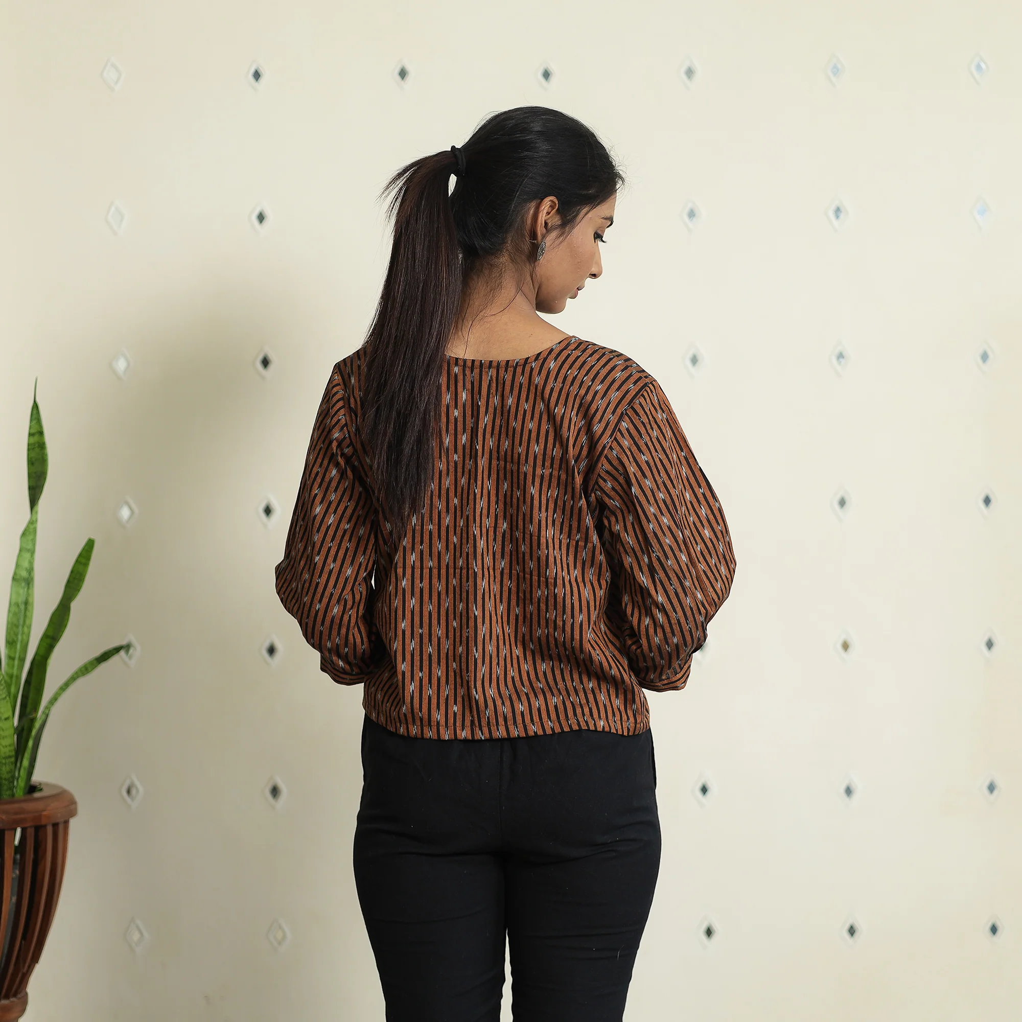 Brown - Pochampally Ikat Full Sleeve Cotton Crop Top 06 - Image 6